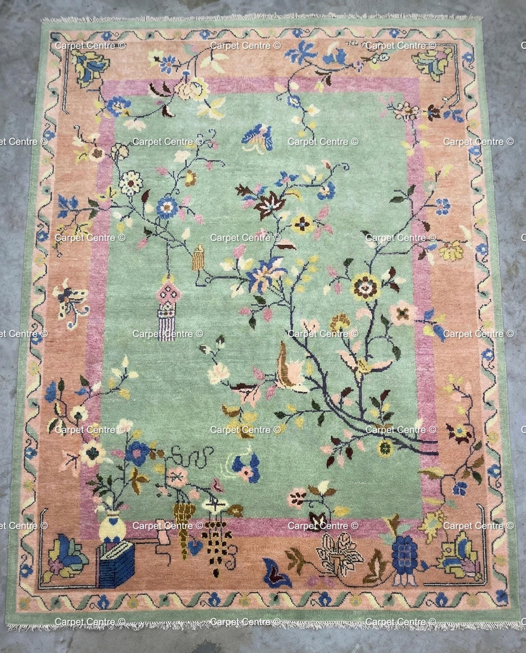 Hand Knotted Oushak Wool Rug, Chinoiserie Floral Oriental Carpet, Pastel Living Room Bedroom