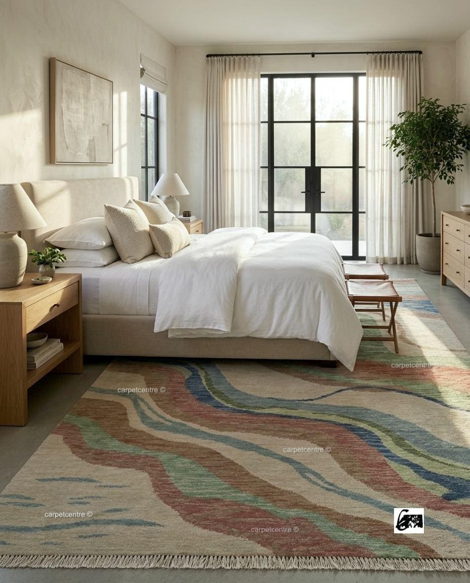 Hand Knotted Abstract Oushak Rug, 100% New Zealand Wool, Organic Waves Design