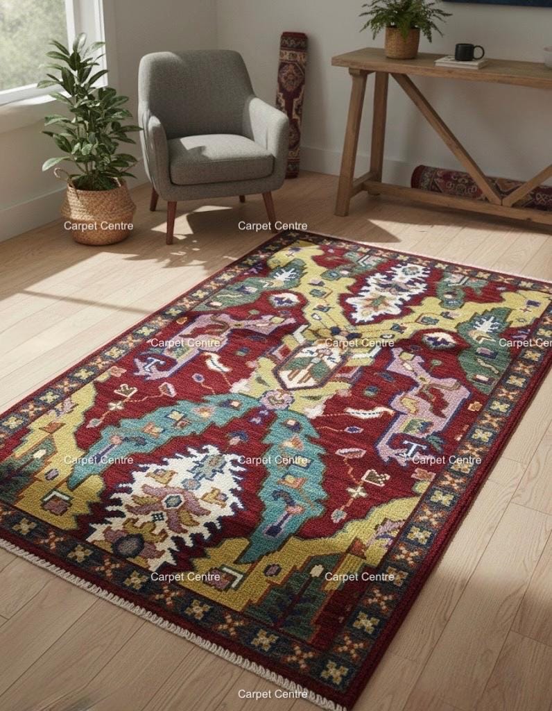 Red Oushak Rug, Hand-Knotted Wool, Geometric Kilim Design