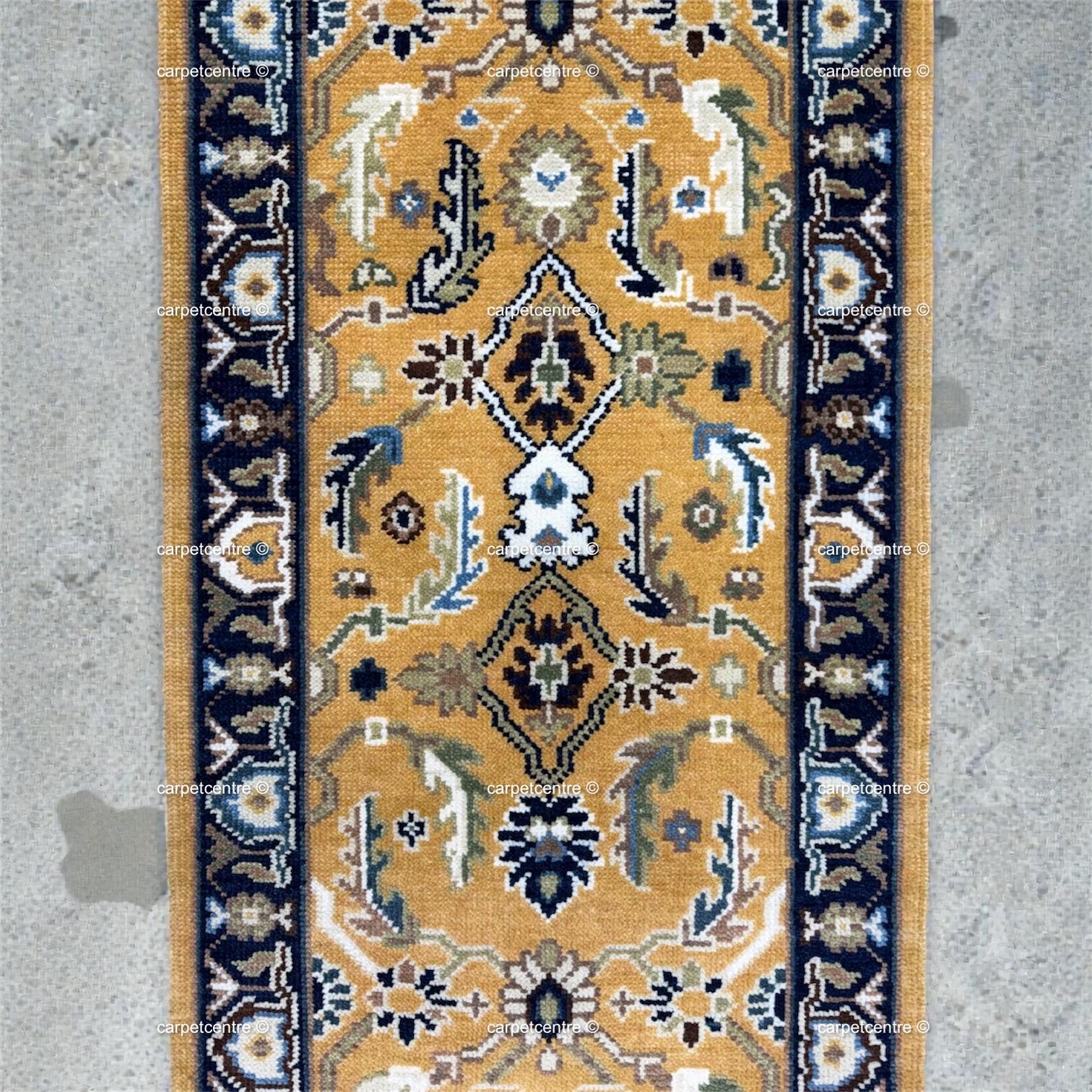 Yellow Oushak Hand-Knotted Wool Runner, Traditional Persian Style Navy Border Rug