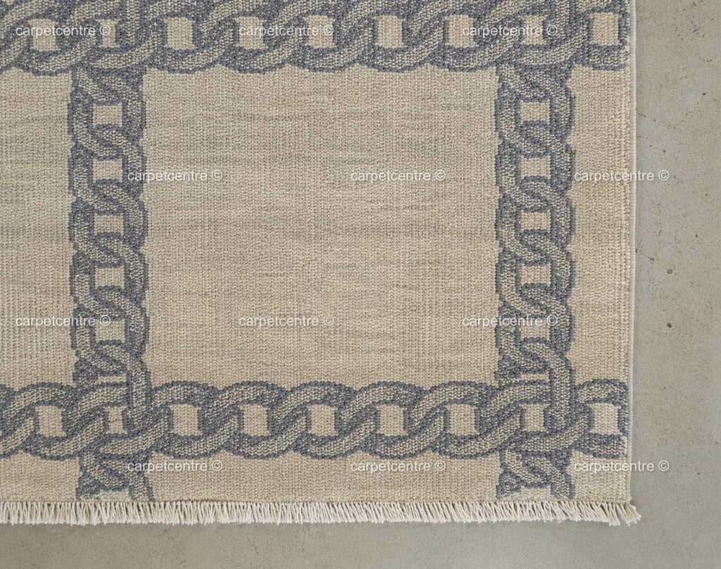 Hand Knotted Wool Oushak Rug, Slate Blue Chain Link Plaid, Transitional Greige Carpet