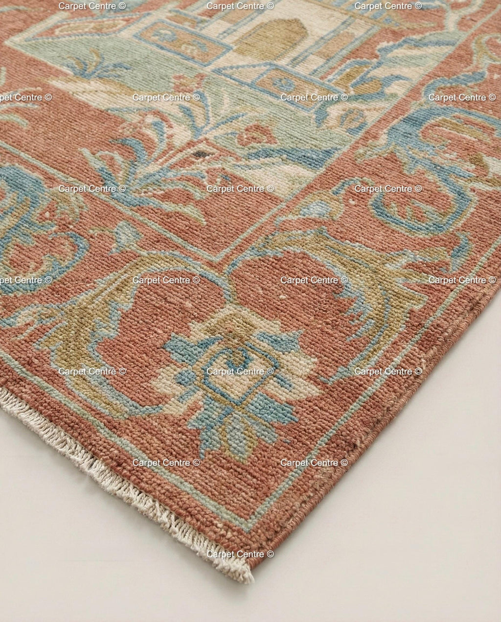 Terracotta Chinoiserie Wool Rug, Hand Knotted Oushak, Dragon Crane Motif