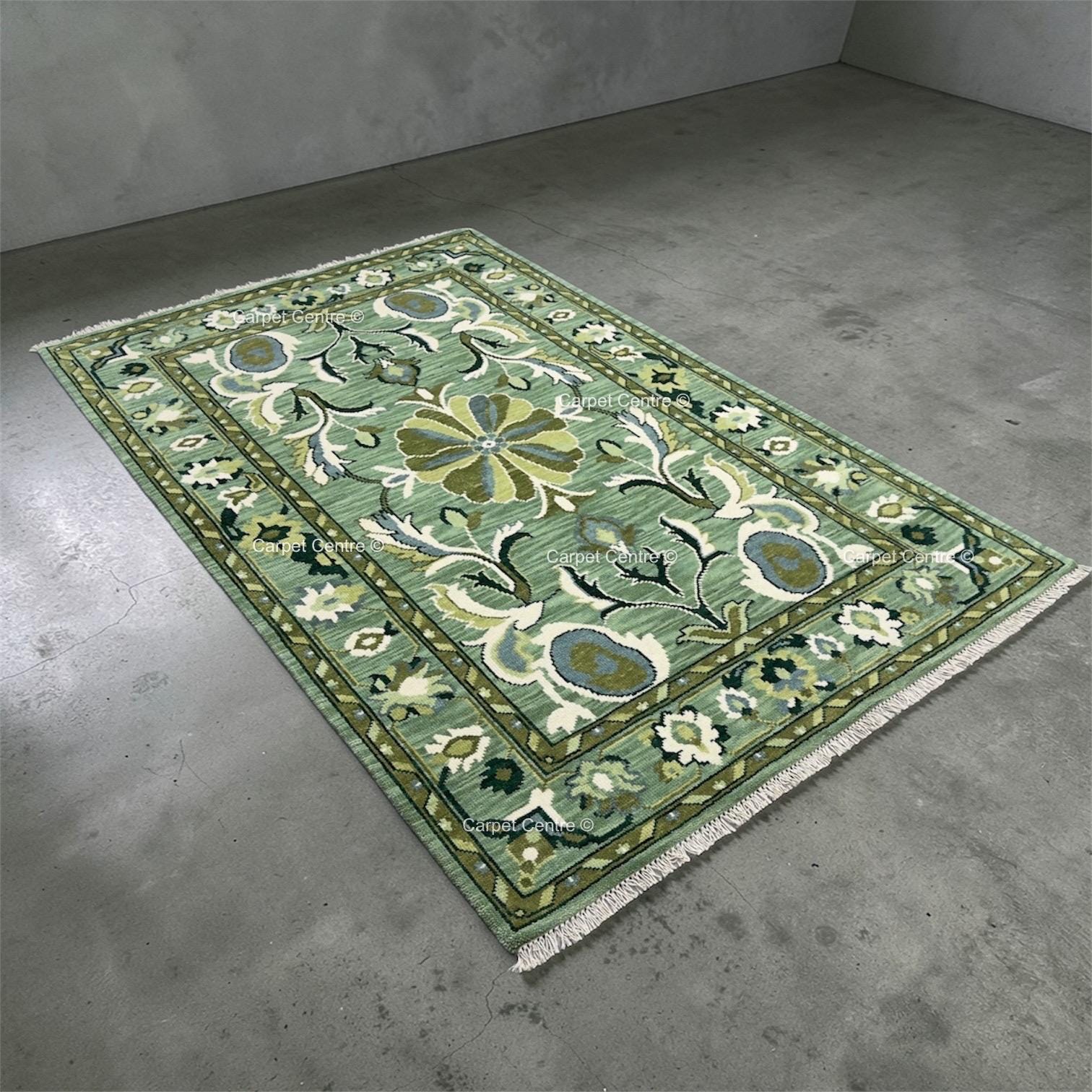 Hand-Knotted Oushak Rug, Emerald Sage Green Floral Medallion, Handspun Wool Area Rug