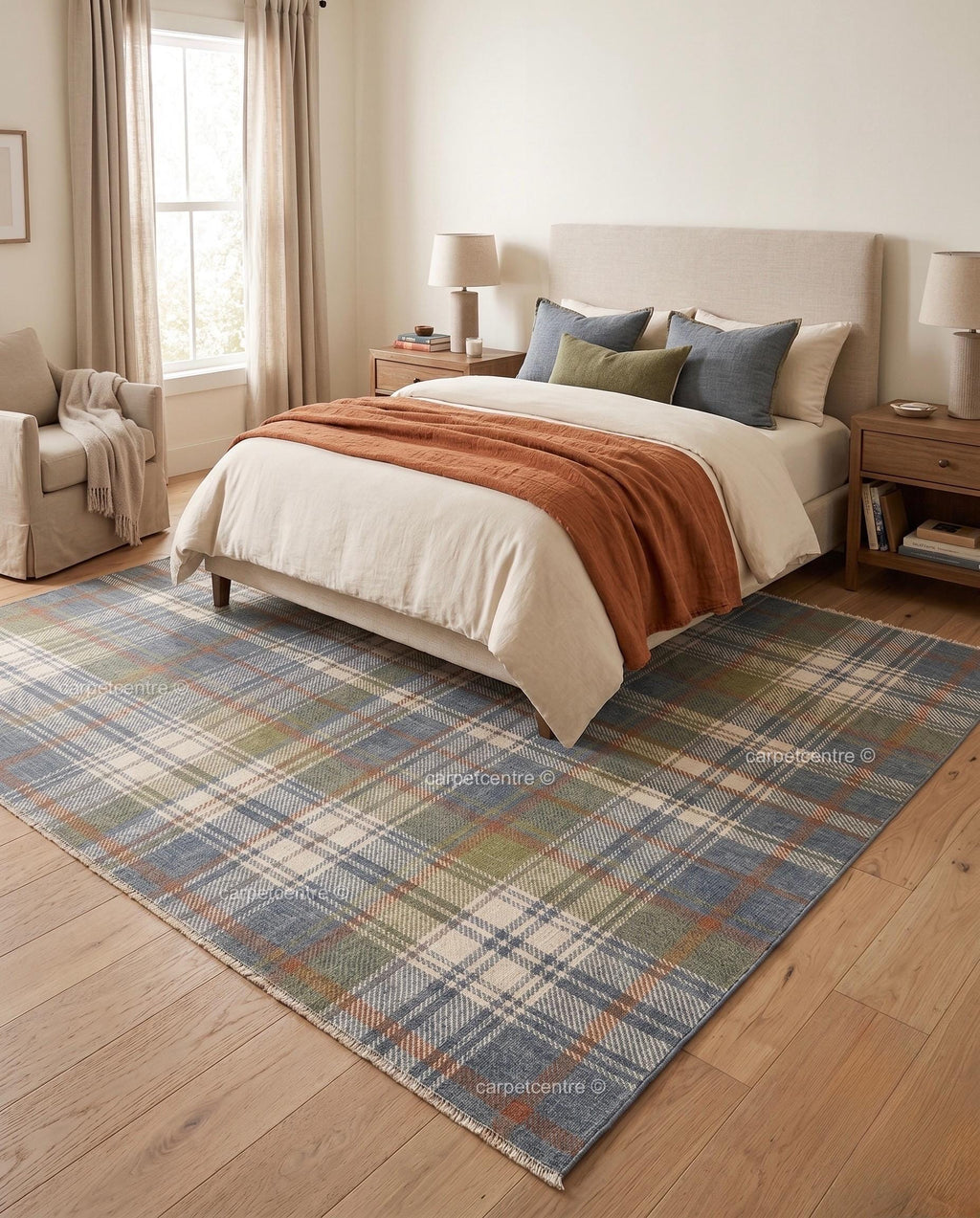 Hand Knotted Plaid Wool Rug: Blue Green Tartan, New Zealand Wool, Custom Sizes