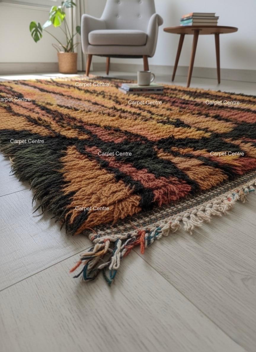 Handmade Moroccan Shag Rug, Rust Orange Wool Tulu Rug, Geometric Boho Decor
