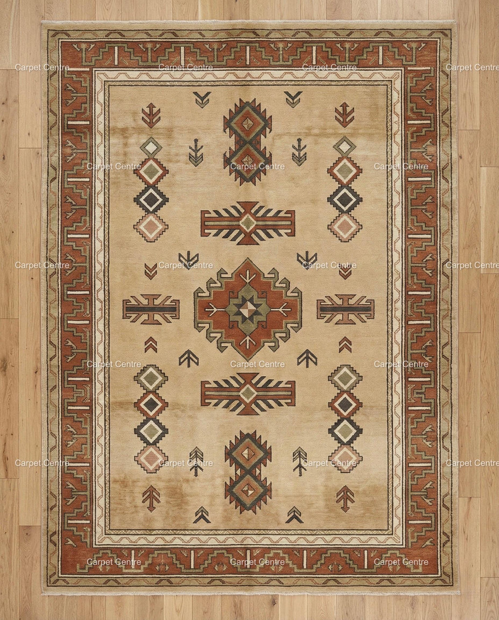 Hand-Knotted Wool Oushak Rug, Beige Geometric Tribal Design