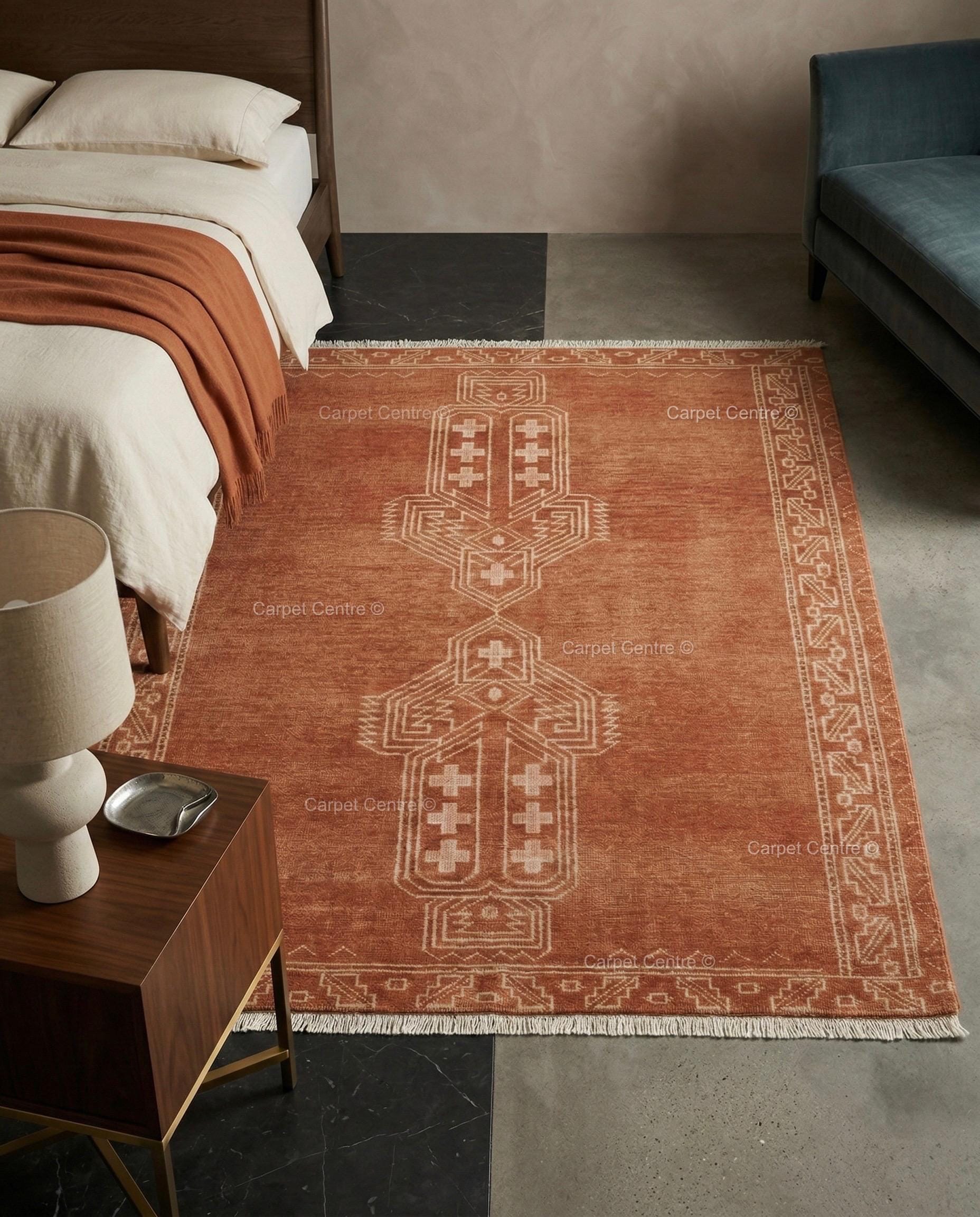 Burnt Orange Oushak Rug, Rust Cream Geometric Turkish Carpet, Boho Living Room 8x10 9x12