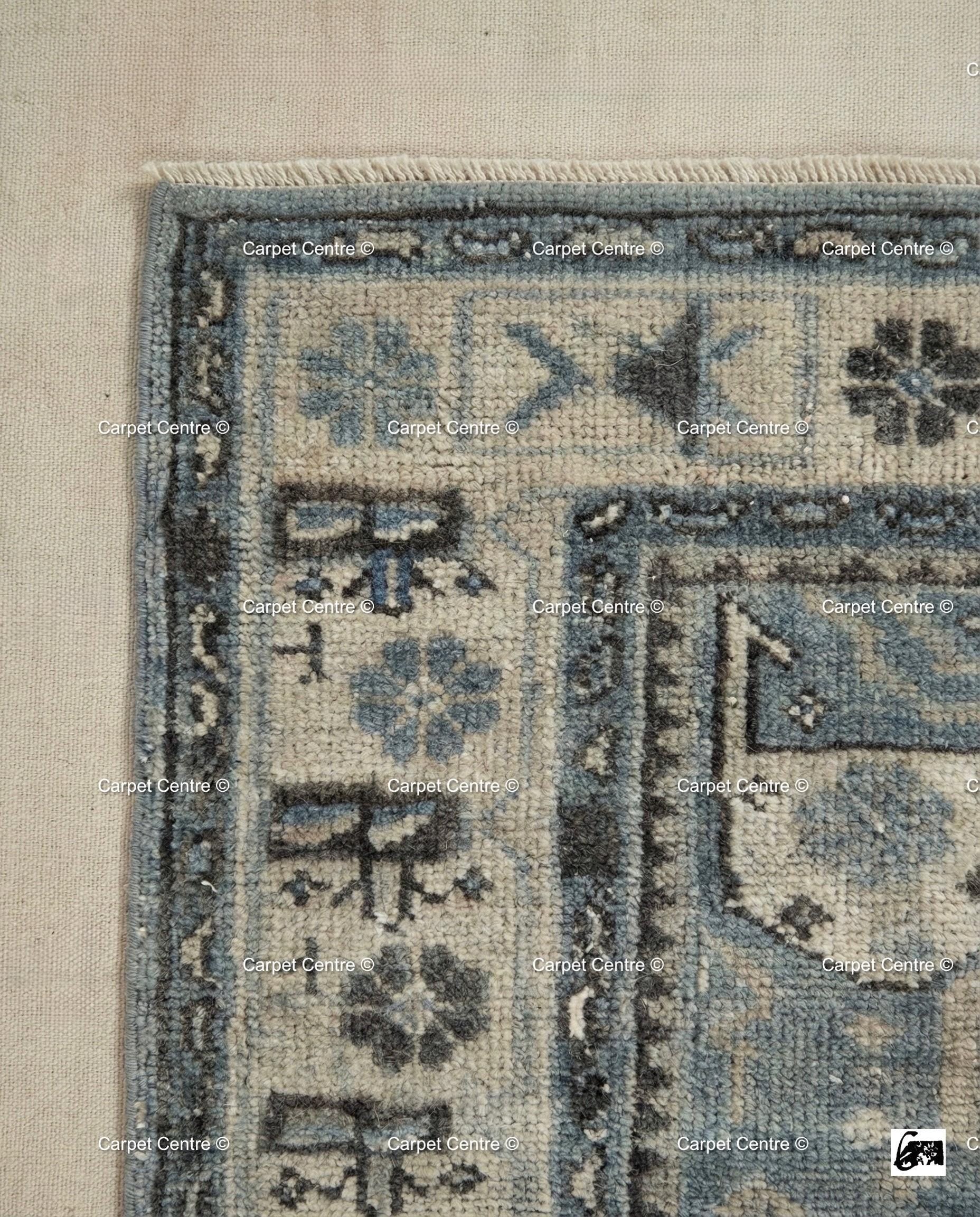 Hand-Knotted Wool Oushak Rug | Slate Blue Geometric Turkish Knot