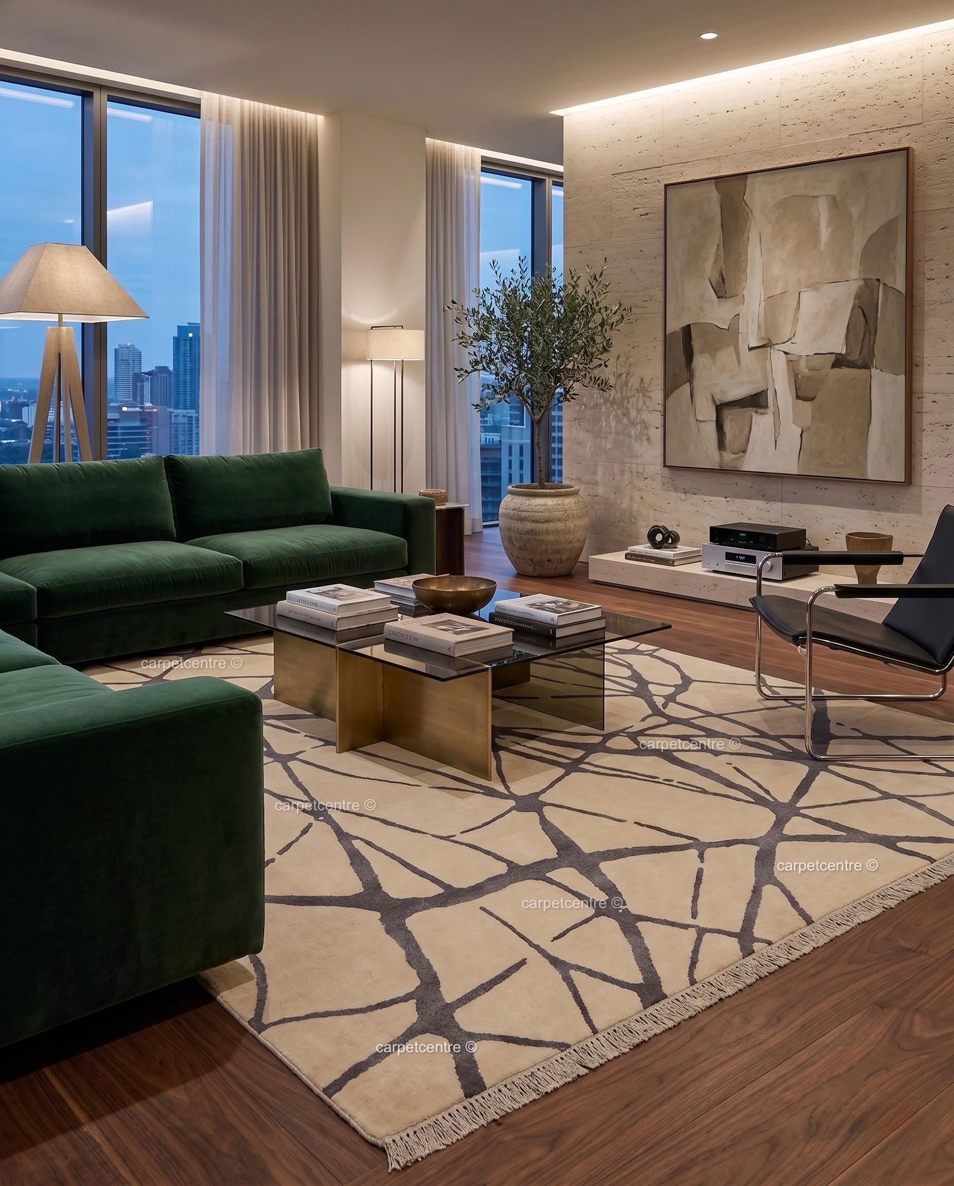 Hand Knotted Wool Rug, Abstract Line Art, Greige Charcoal Minimalist Carpet (Custom Size)