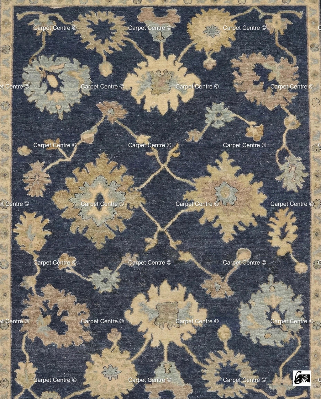 Hand-Knotted Navy Oushak Rug, Wool Floral Turkish Carpet, Traditional Living Room Decor