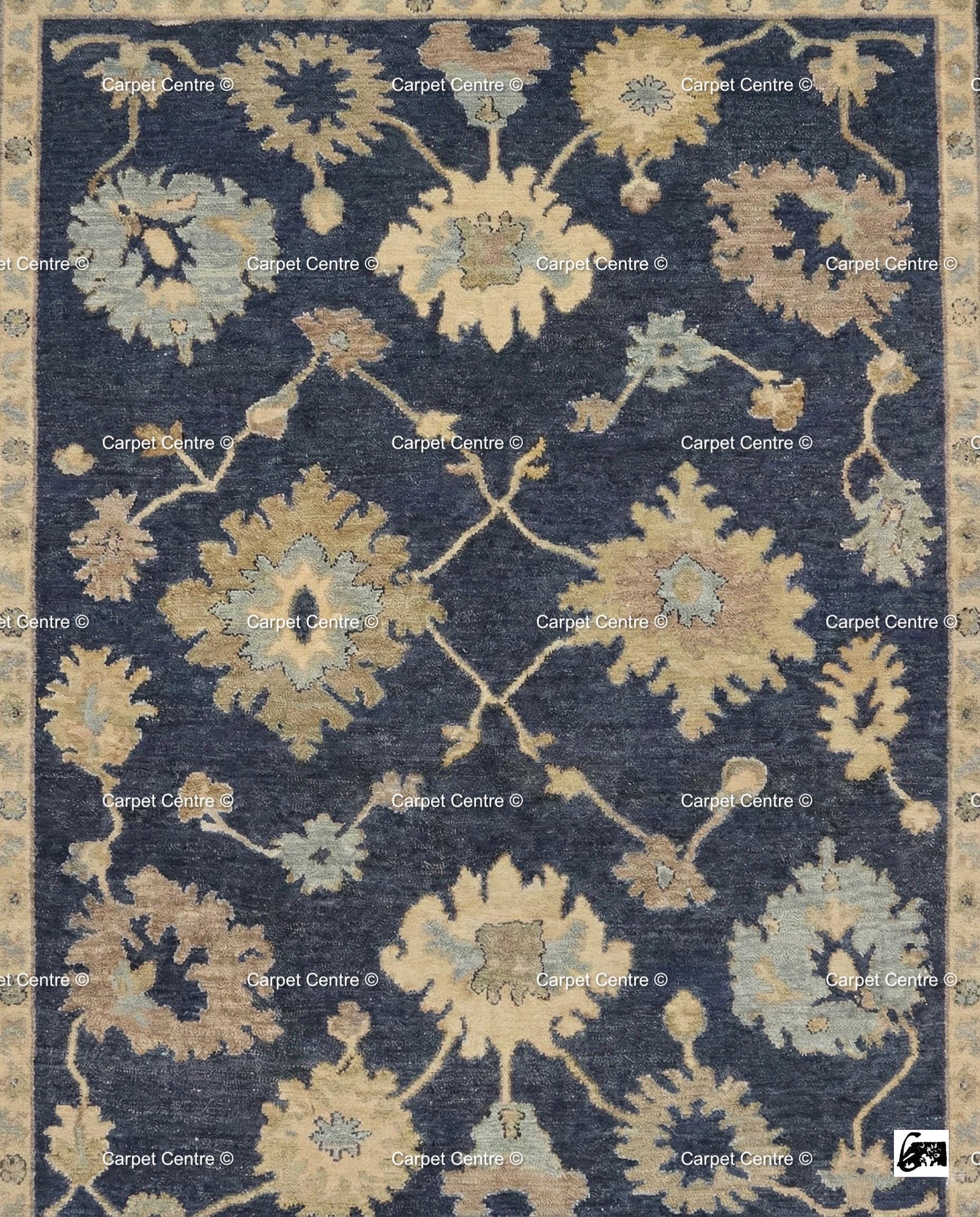 Hand-Knotted Navy Oushak Rug, Wool Floral Turkish Carpet, Traditional Living Room Decor