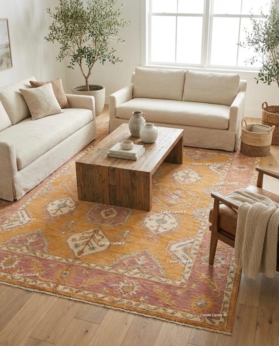Golden Yellow Oushak Rug, Hand Knotted Wool 8x10, Sunset Boho Decor