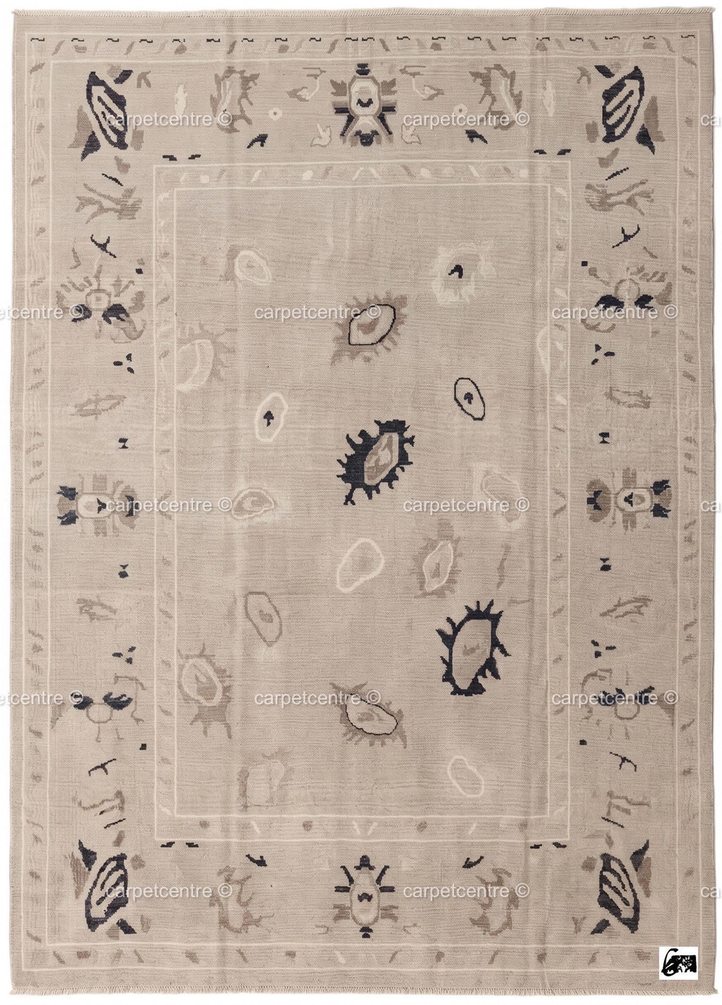 Hand Knotted Oushak Wool Rug | Neutral Beige Tribal Abstract Area Rug