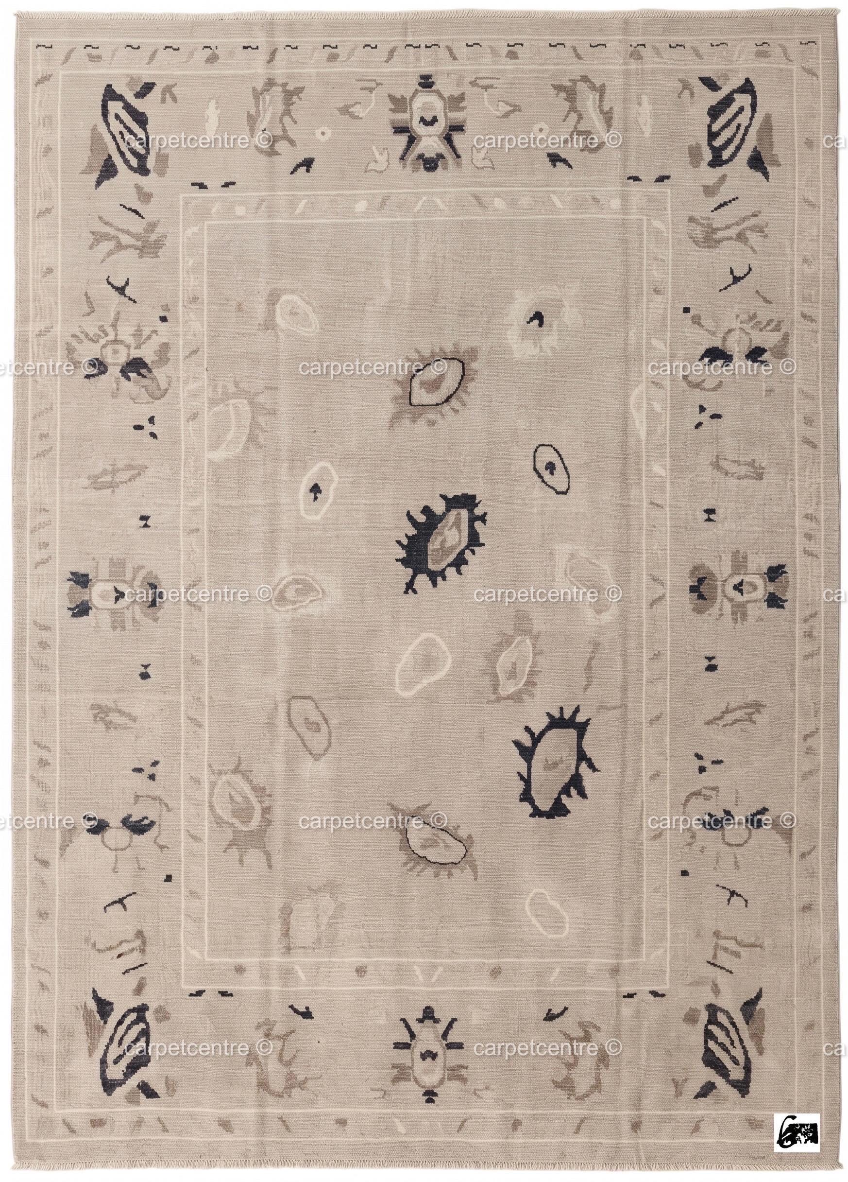 Hand Knotted Oushak Wool Rug | Neutral Beige Tribal Abstract Area Rug