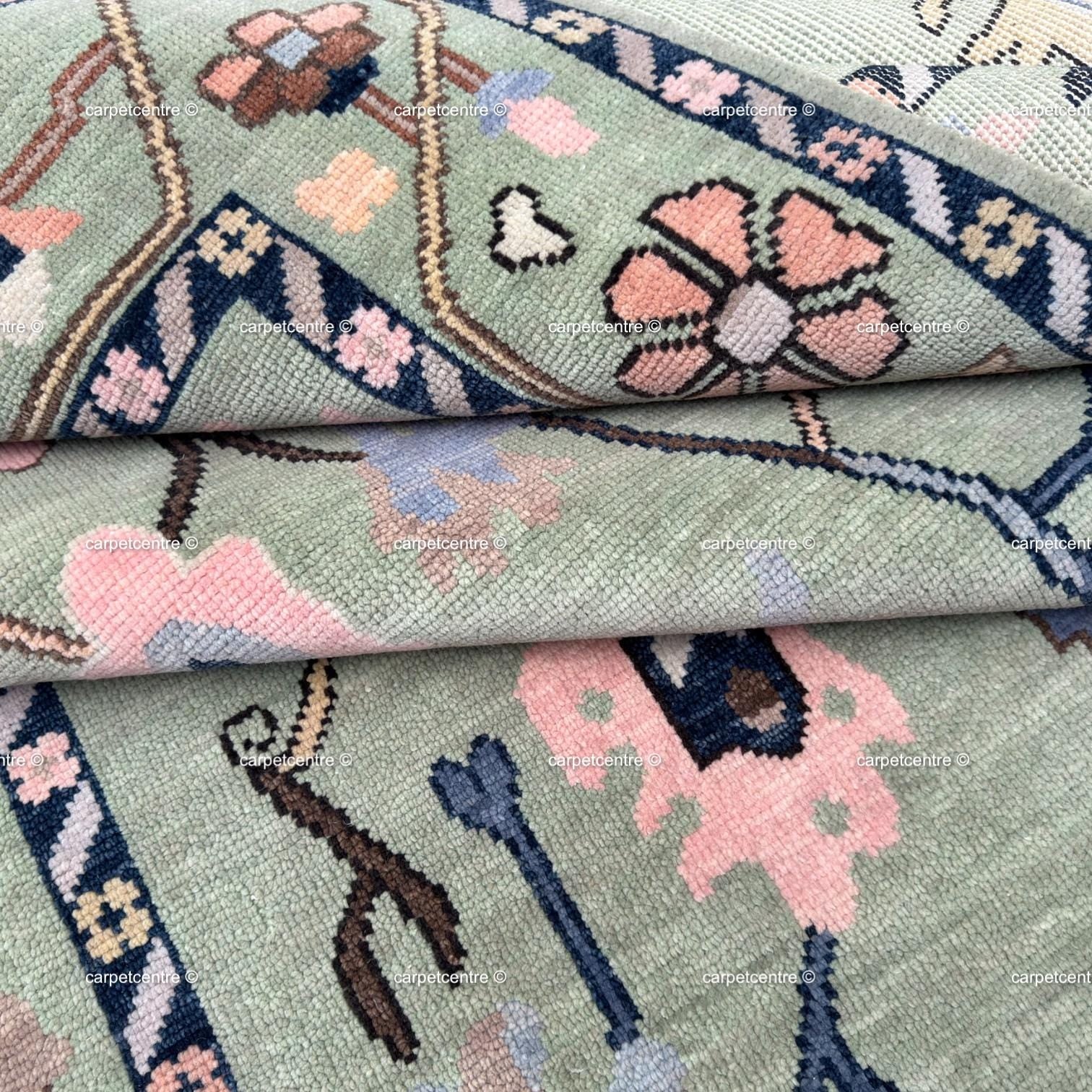 Hand Knotted Sage Green Oushak Wool Rug, Floral Botanical Area Rug