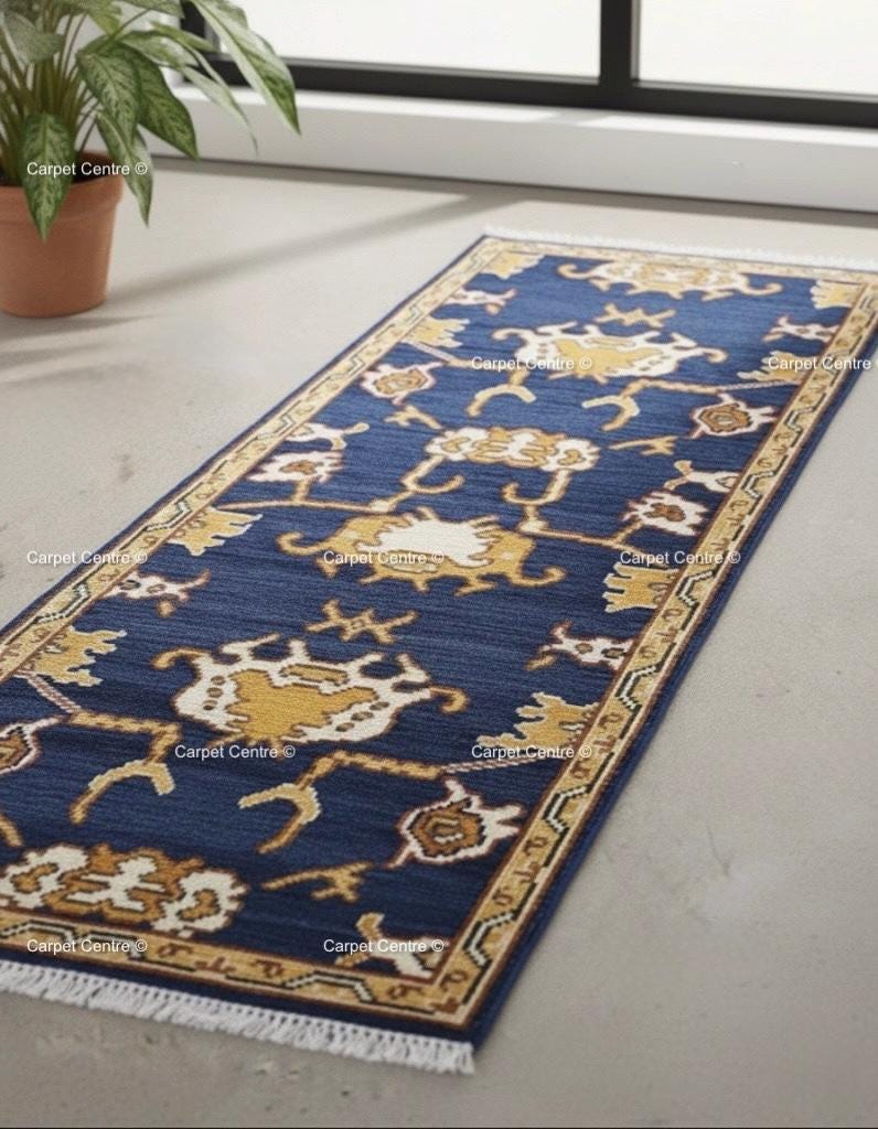 Navy Blue Oushak Runner Rug, Hand-Knotted Wool, Geometric Persian Style
