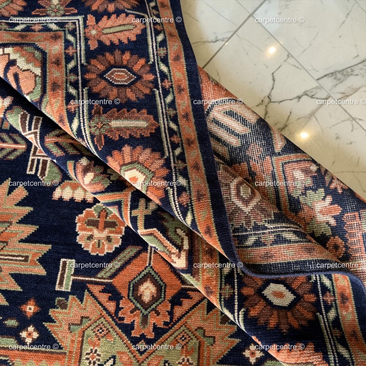 Hand-Knotted Oushak Wool Rug: Navy Blue Rust Tribal Rug, Traditional Decor