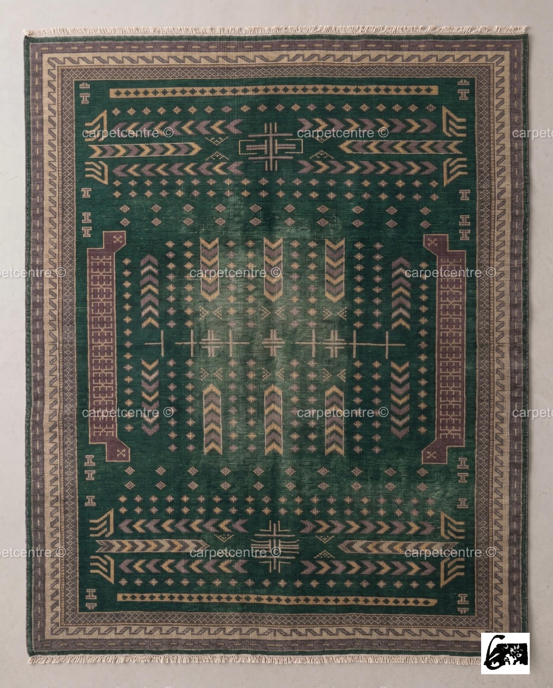 Vintage Oushak Rug | Emerald Geometric Wool Carpet | Distressed Tribal Boho Decor
