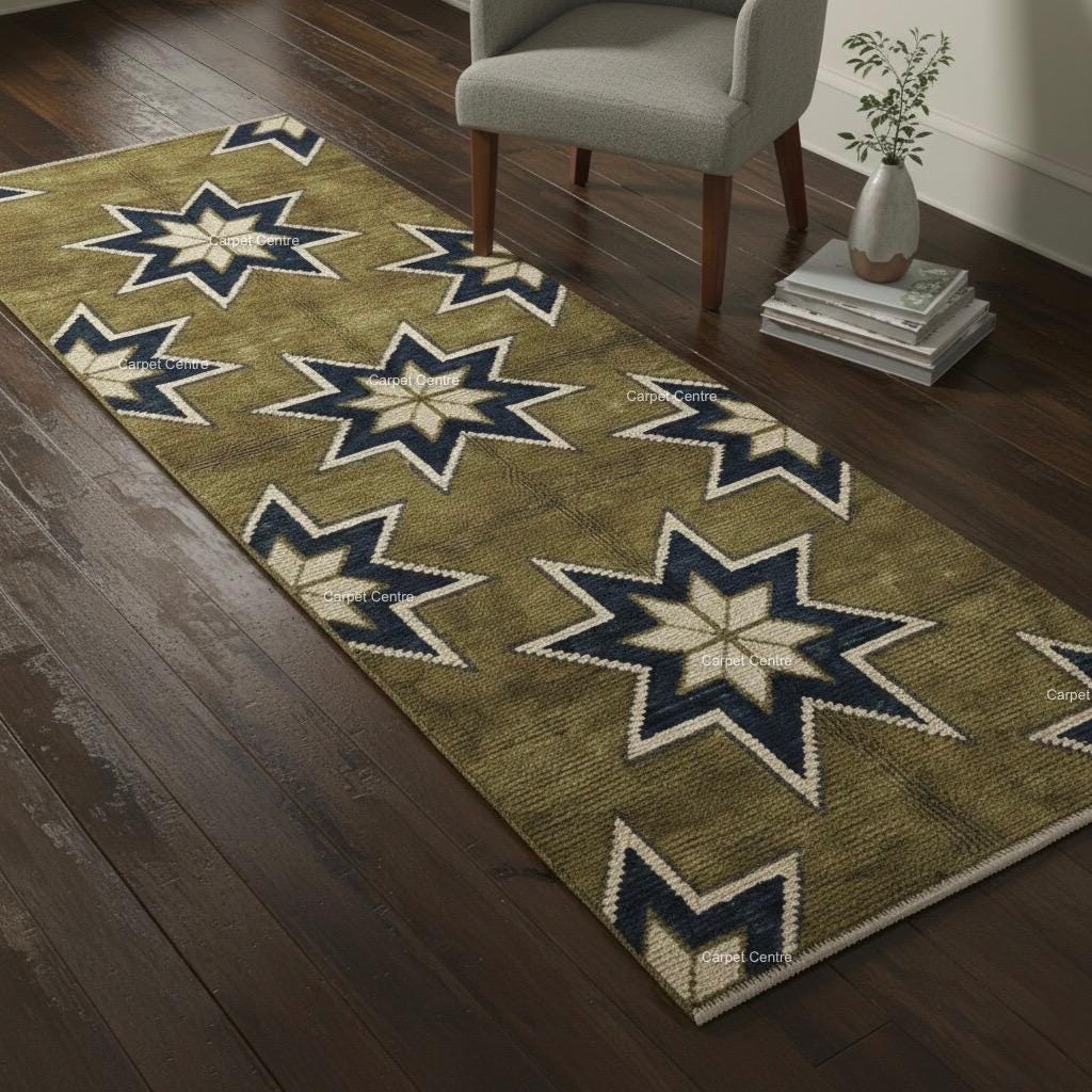 Olive Green Wool Runner Rug, Turkish Knot Star Pattern