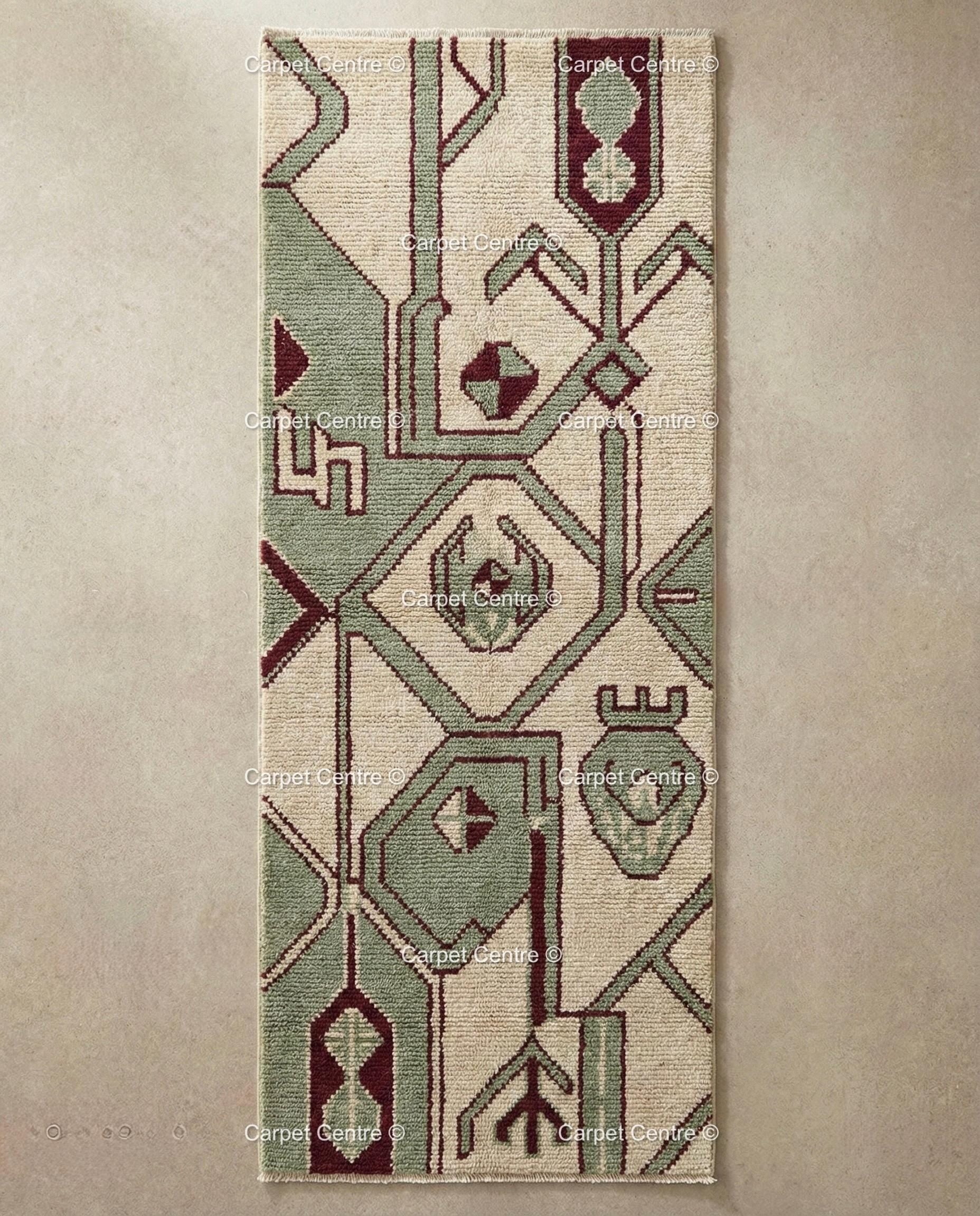 Cream Oushak Wool Runner Rug, Sage Green Geometric Turkish Knot