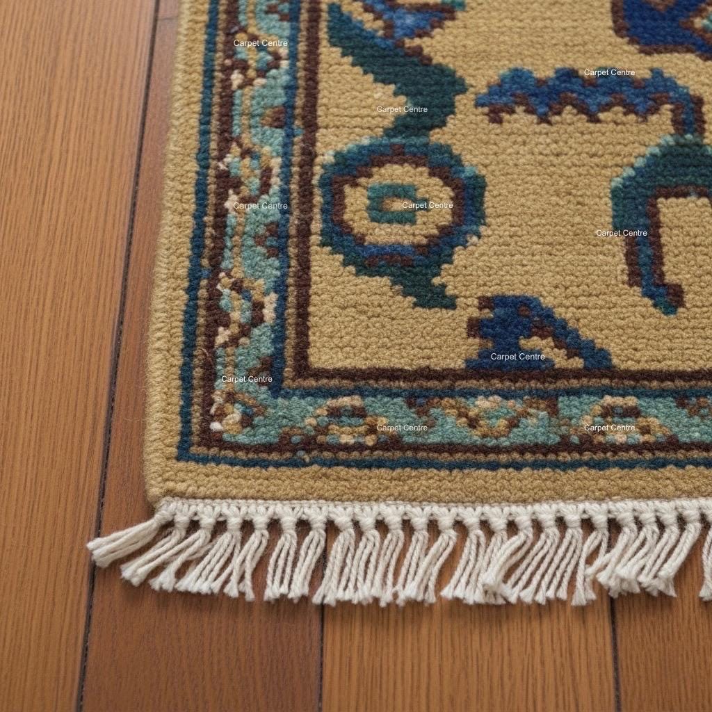 Hand-Knotted Wool Runner Rug, Golden Yellow Oushak, Navy Tribal Design