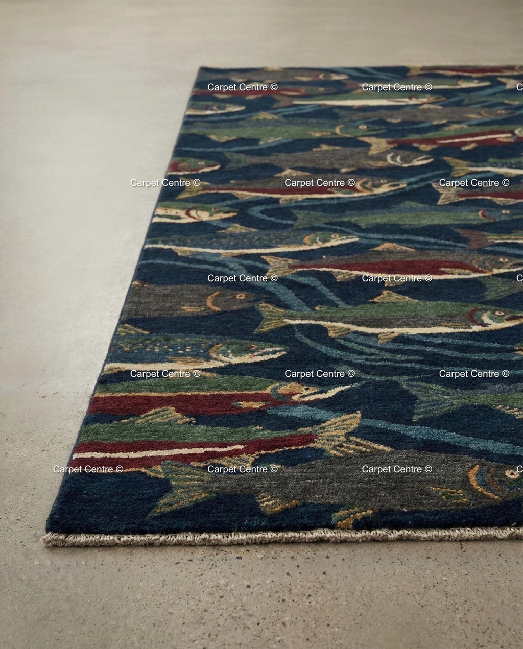 Hand Knotted Oushak Wool Rug, Navy Blue Fish, Cabin Lodge Decor