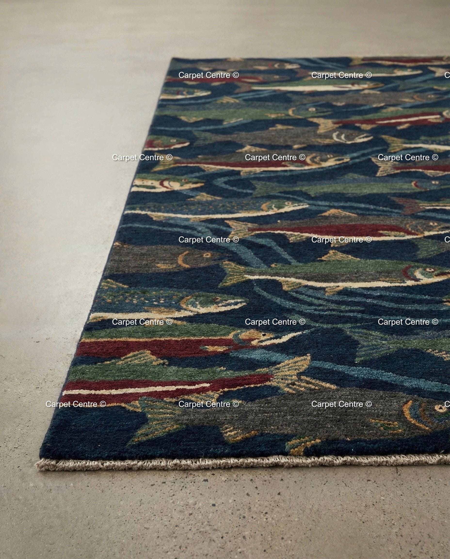 Hand Knotted Oushak Wool Rug, Navy Blue Fish, Cabin Lodge Decor