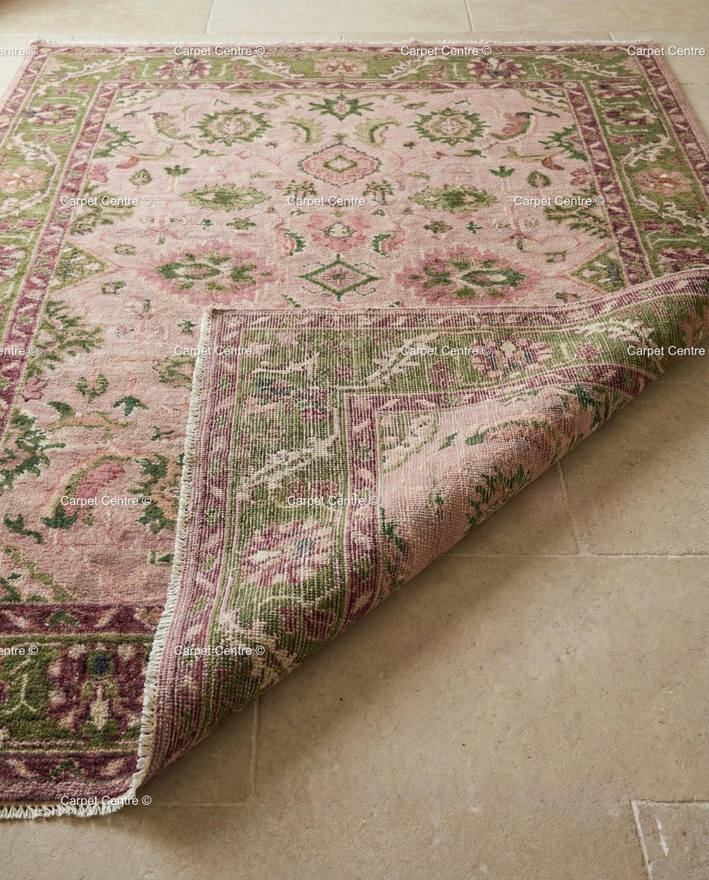 Hand Knotted Wool Oushak Rug – Rose Pink, Green Border, Turkish Floral Design