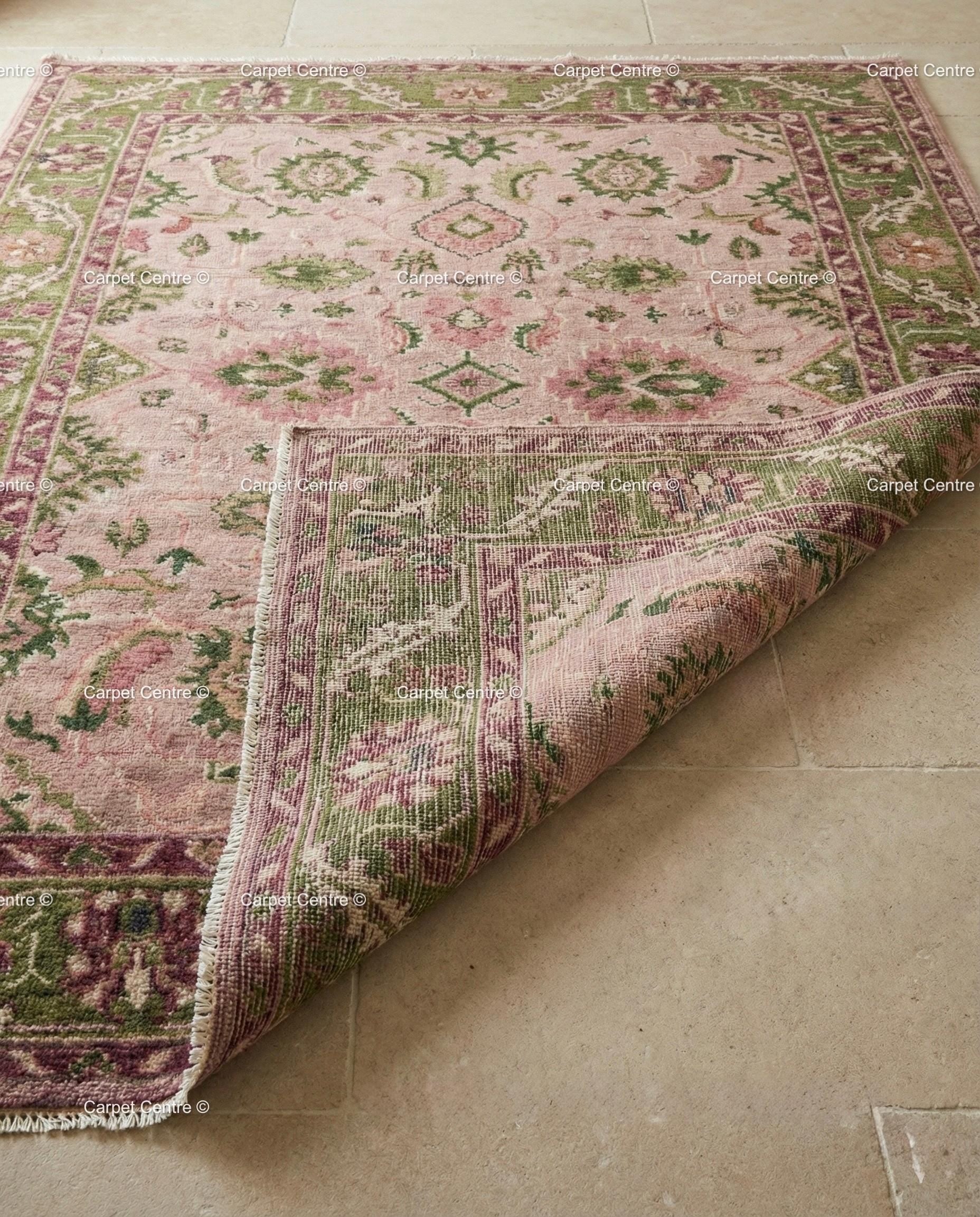 Hand Knotted Wool Oushak Rug – Rose Pink, Green Border, Turkish Floral Design