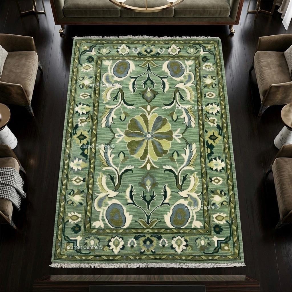 Hand-Knotted Oushak Rug, Emerald Sage Green Floral Medallion, Handspun Wool Area Rug