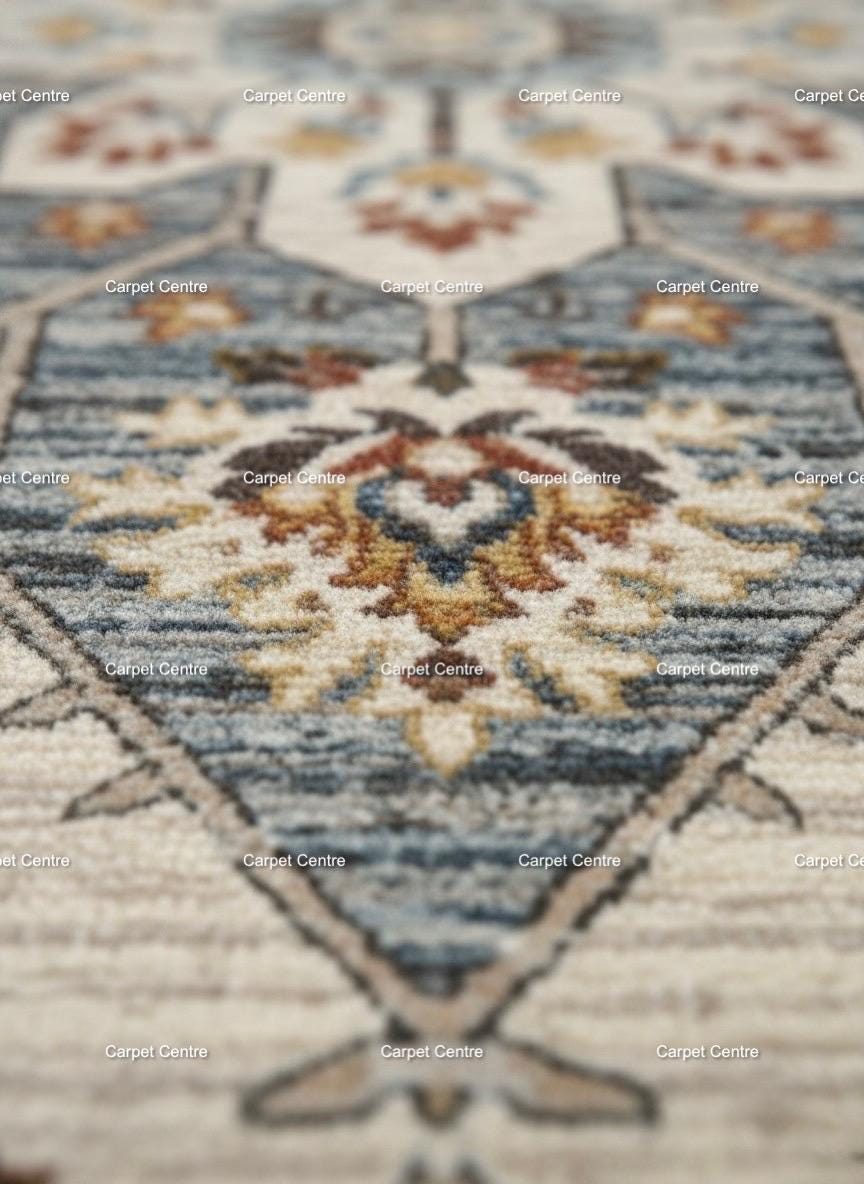 Hand-Knotted Wool Oushak Rug, Beige & Blue Medallion, Persian Style