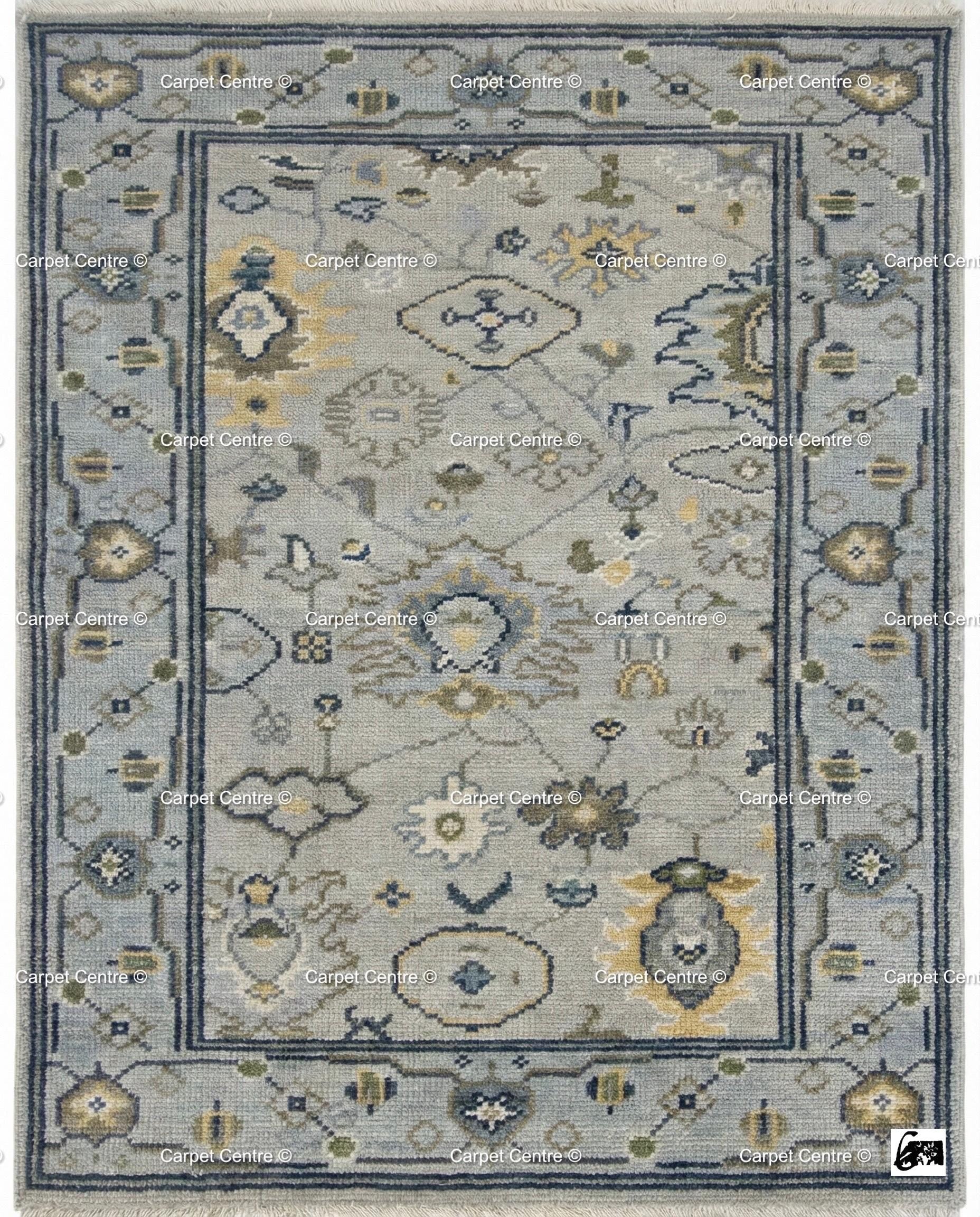 Slate Blue Oushak Rug, Turkish Knot Wool, Vintage Style Medallion