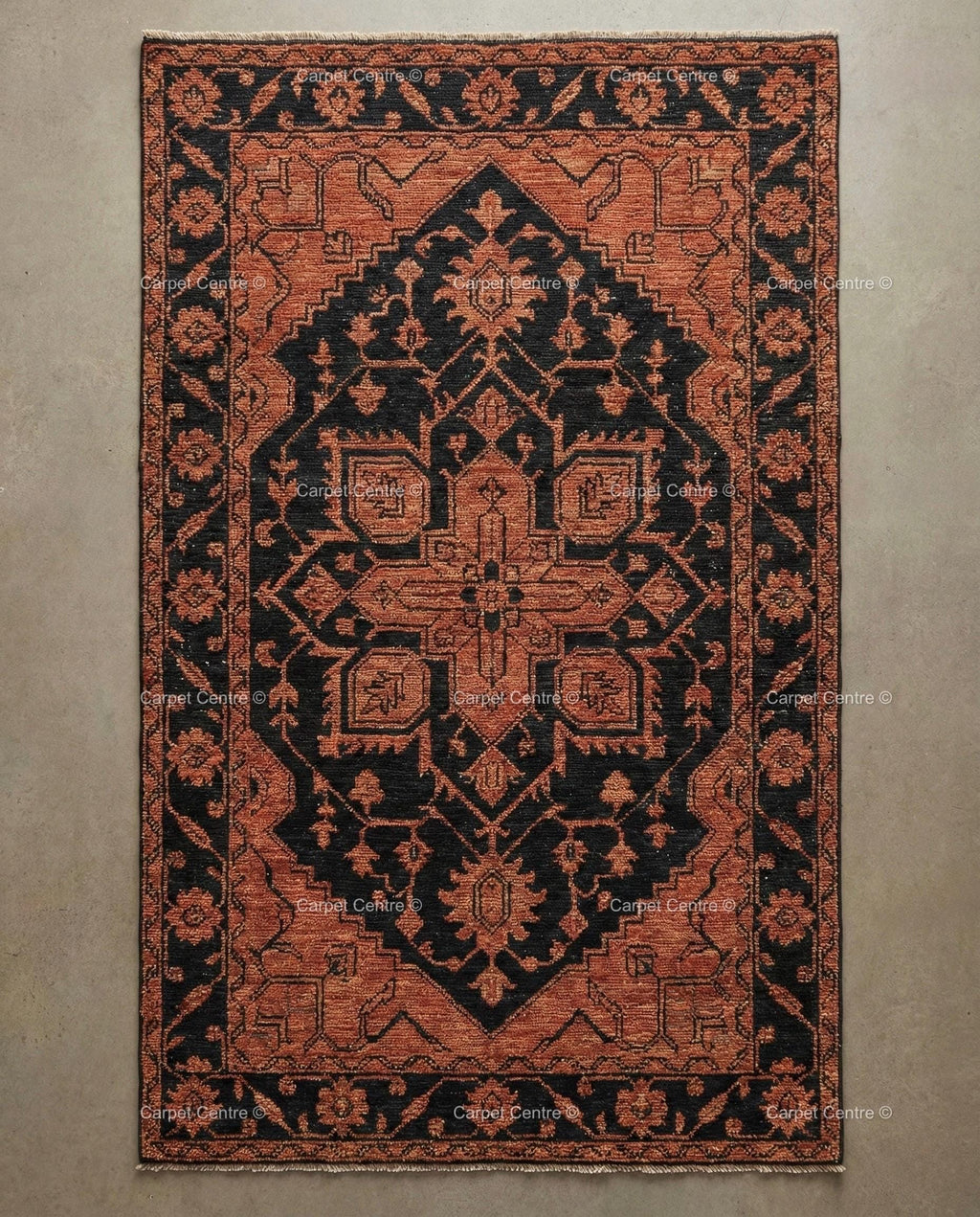 Handmade Oushak Wool Rug, Black and Rust Geometric Medallion