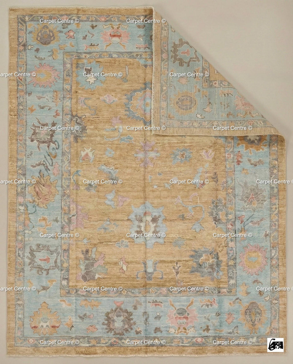Hand-Knotted Wool Oushak Rug, Yellow Field, Blue Floral Border