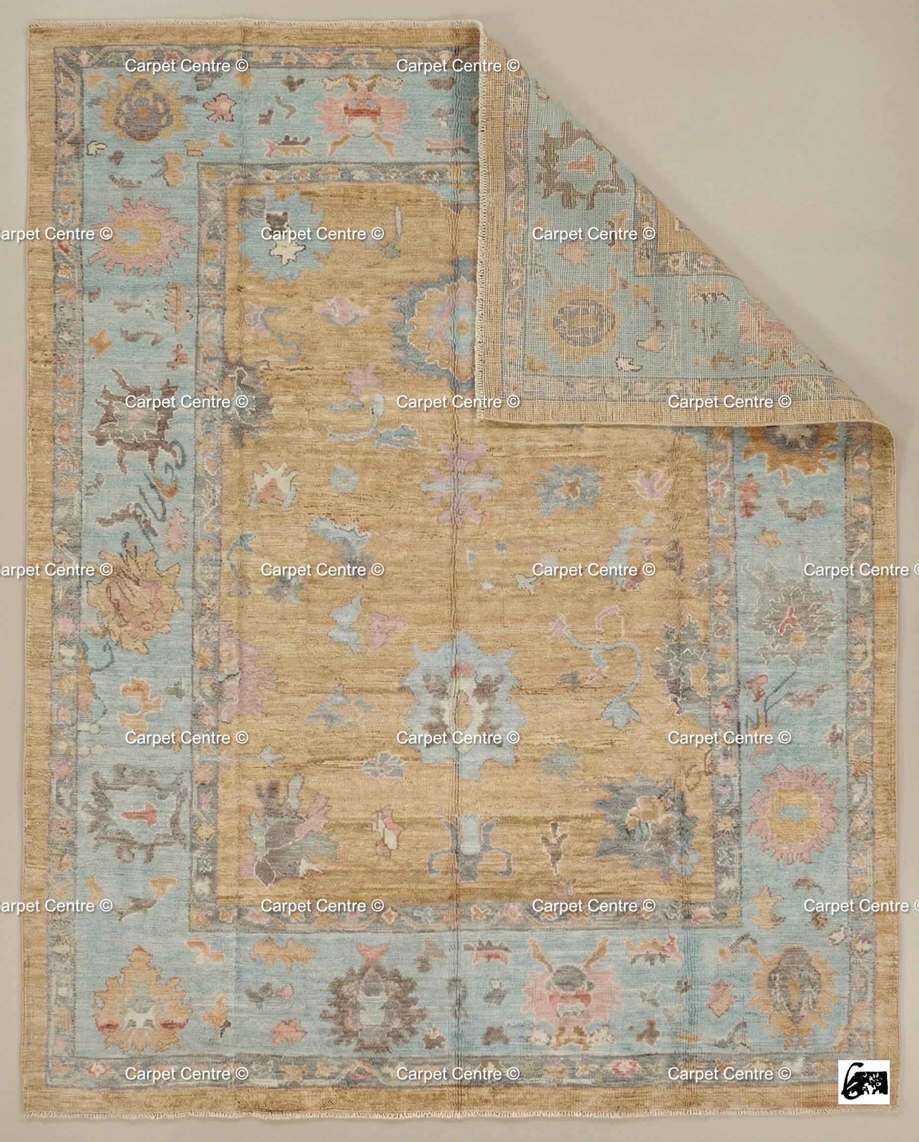 Hand-Knotted Wool Oushak Rug, Yellow Field, Blue Floral Border