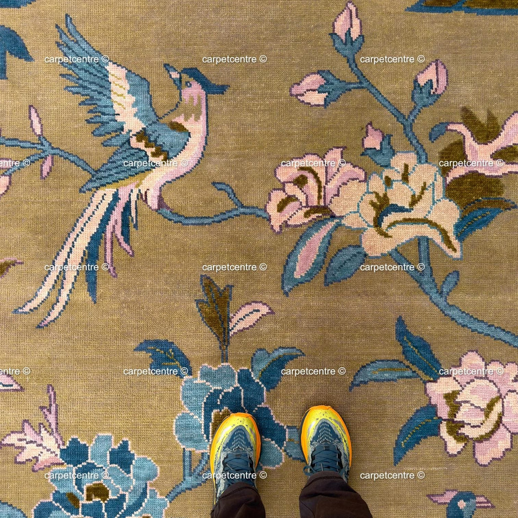 Olive Green Chinoiserie Wool Rug, Hand-Knotted Bird Pagoda Design