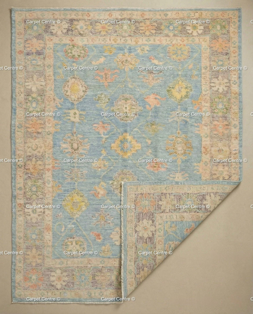 Handmade Sky Blue Oushak Wool Rug, Turkish Knot, Coastal Farmhouse Decor