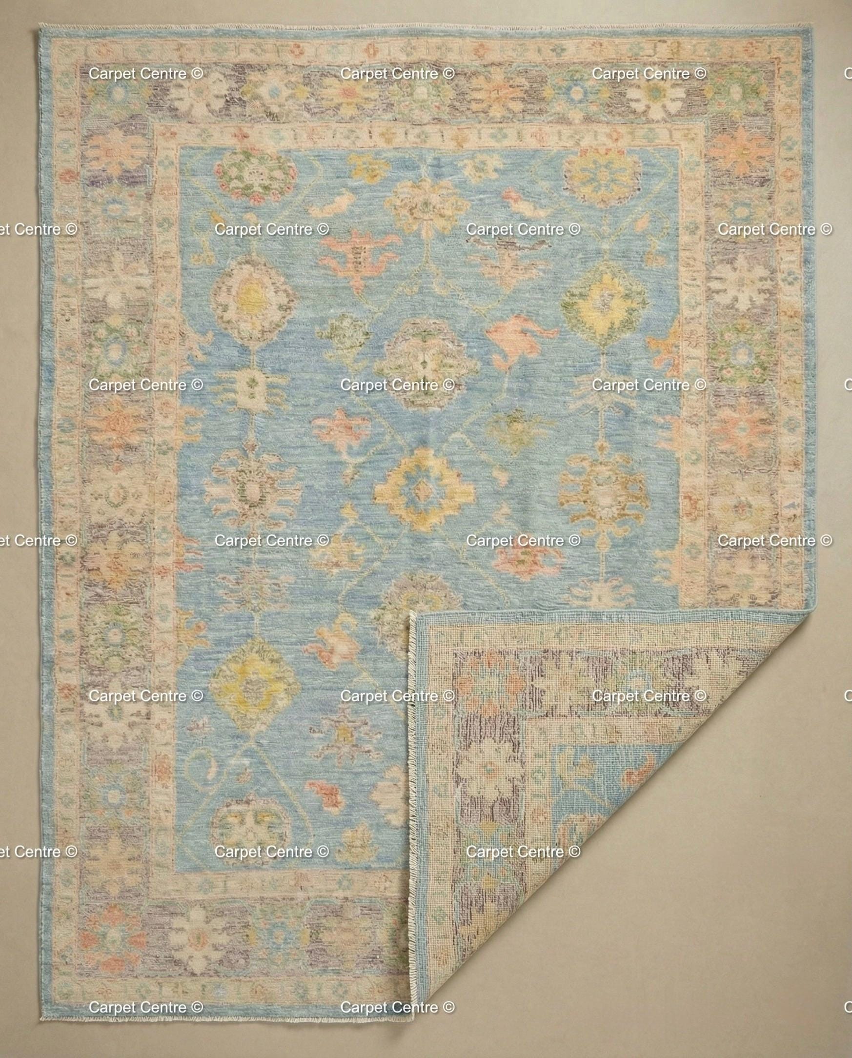 Handmade Sky Blue Oushak Wool Rug, Turkish Knot, Coastal Farmhouse Decor