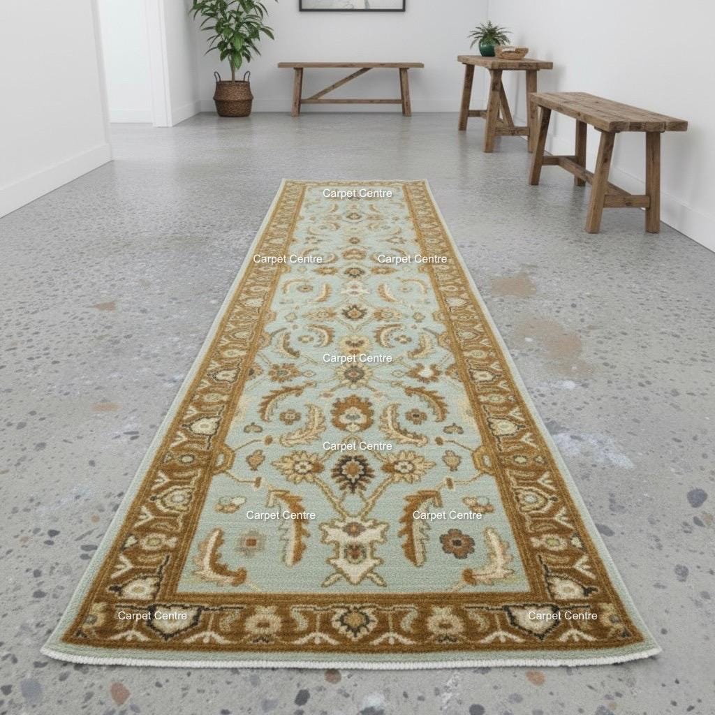 Hand-Knotted Wool Runner Rug, Light Blue Floral Hallway, 2x8