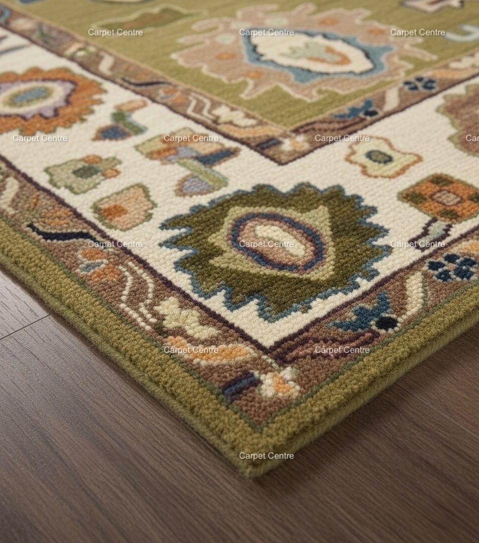 Olive Green Oushak Rug, Hand-Knotted Wool, Eclectic Boho Style