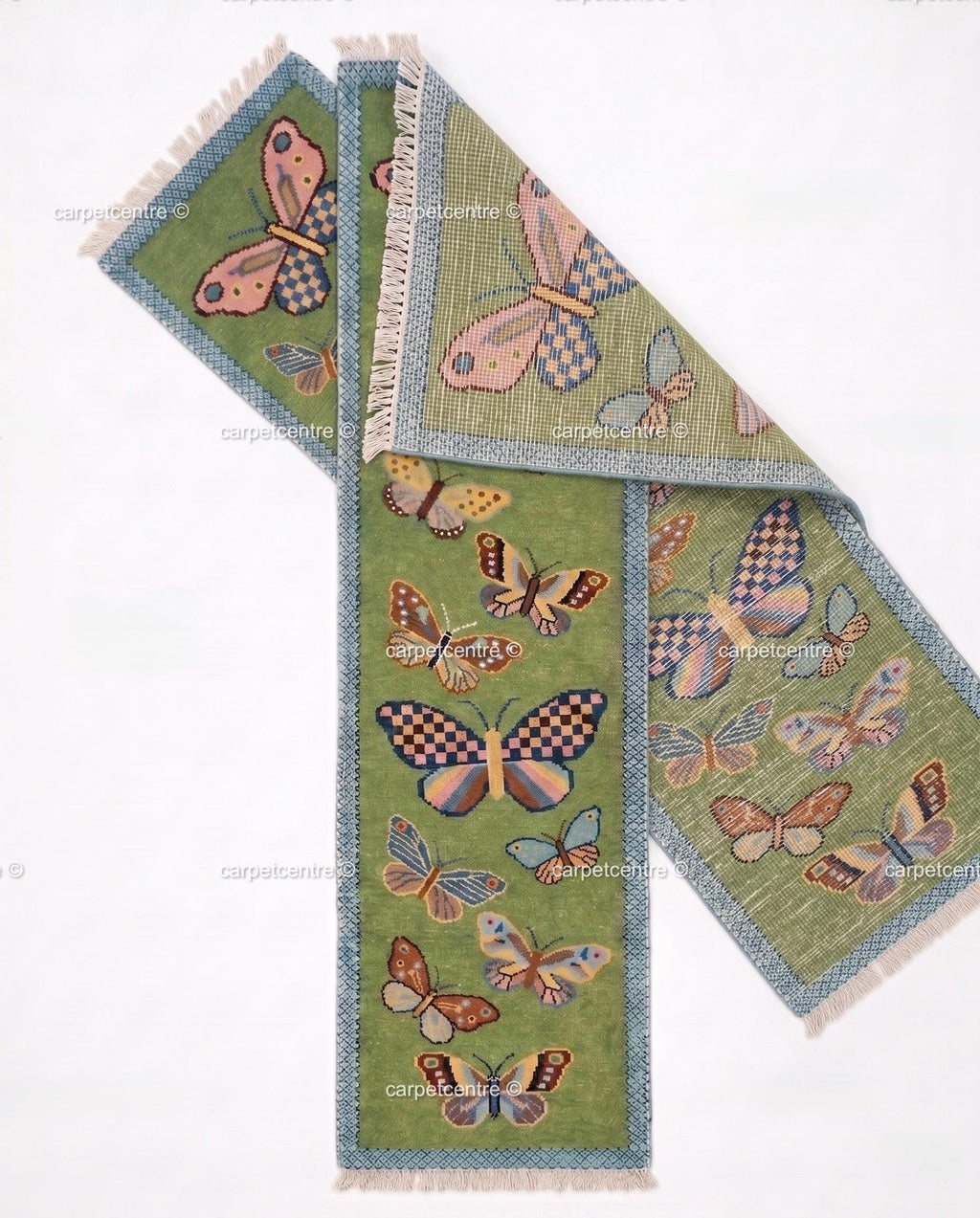 Handmade Wool Butterfly Runner Rug | Light Green Scattered Meadow Carpet