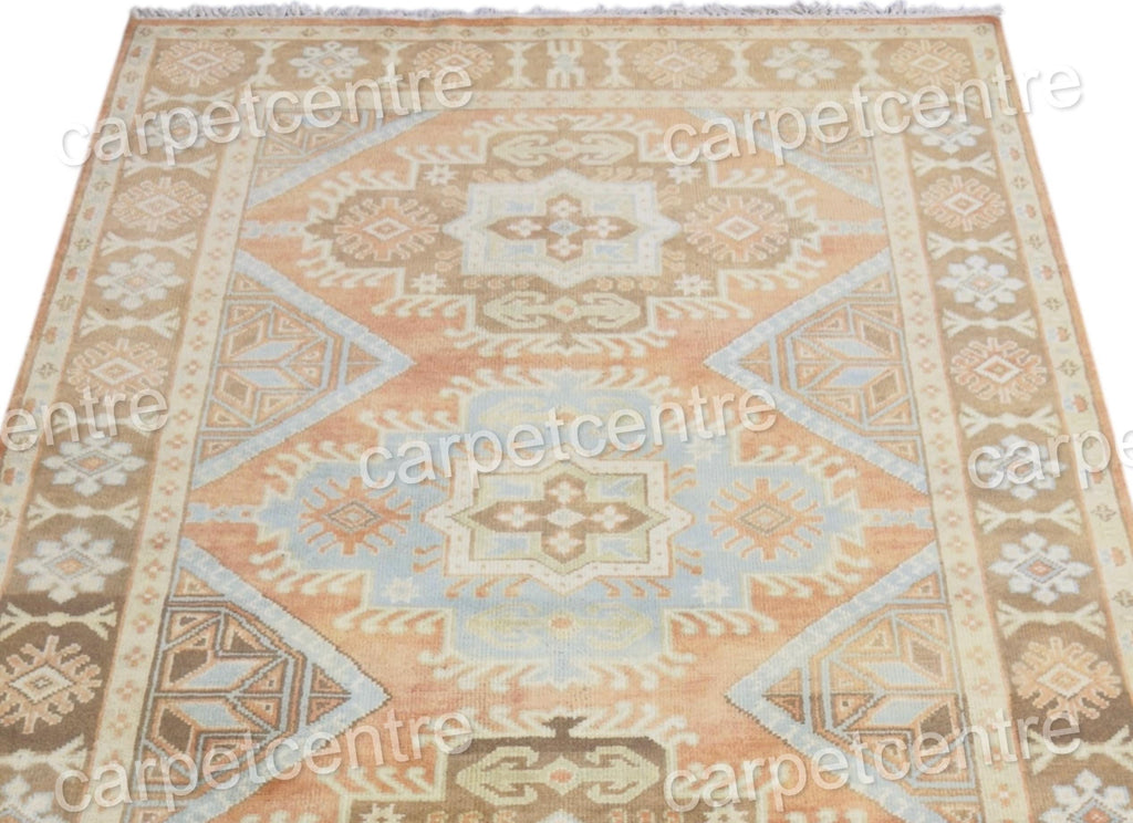 Hand Knotted Wool Rug, Terracotta Muted Orange Tribal Design, Vintage Style Carpet