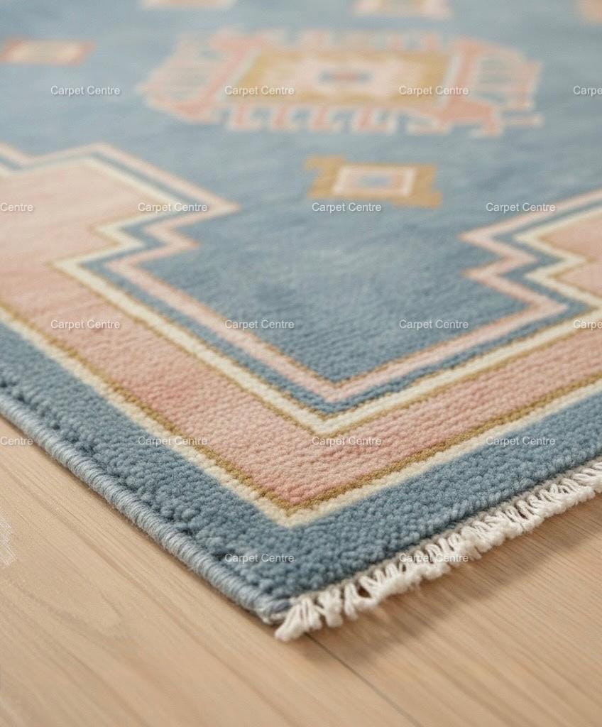 Hand-Knotted Wool Oushak Rug, Light Blue, Blush Pink Border