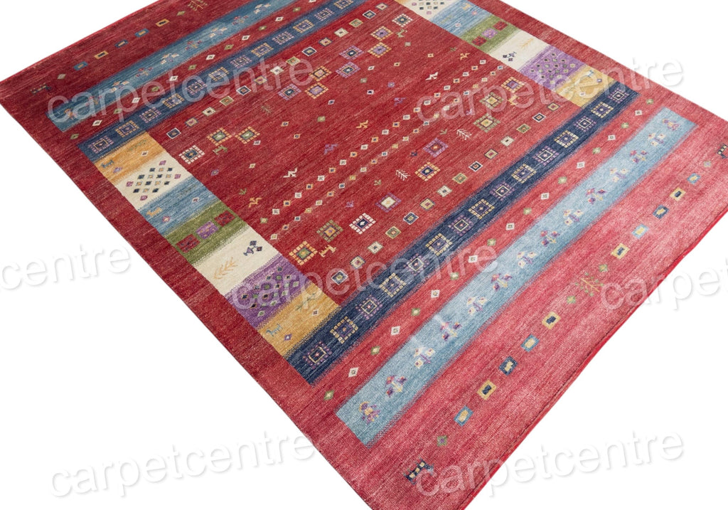 Hand-Knotted Bamboo Silk Rug | Red Geometric Tribal Gabbeh Carpet (7'5"x5'9")