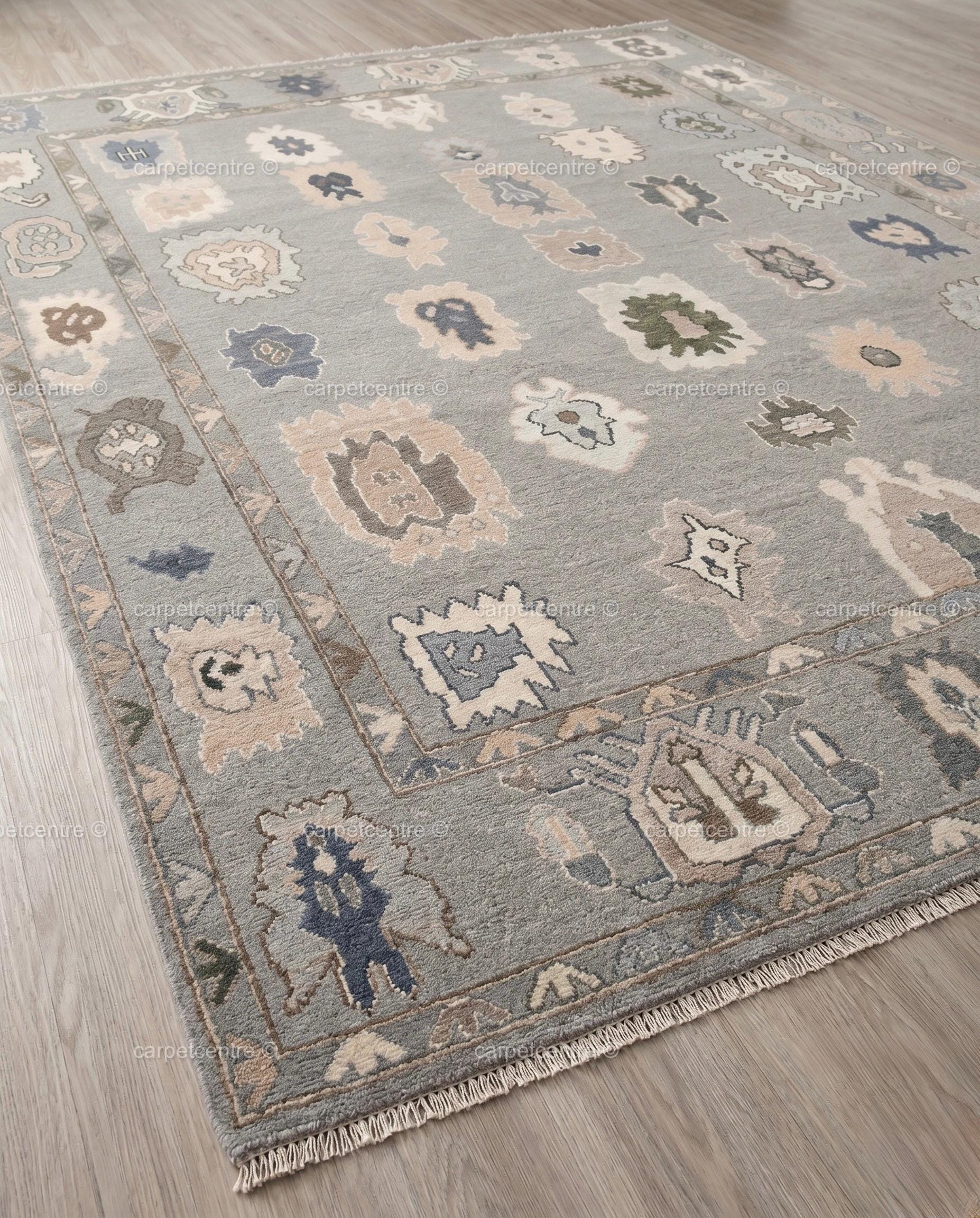 Hand Knotted Wool Oushak Rug | Muted Geometric Tribal Design, Neutral Tones