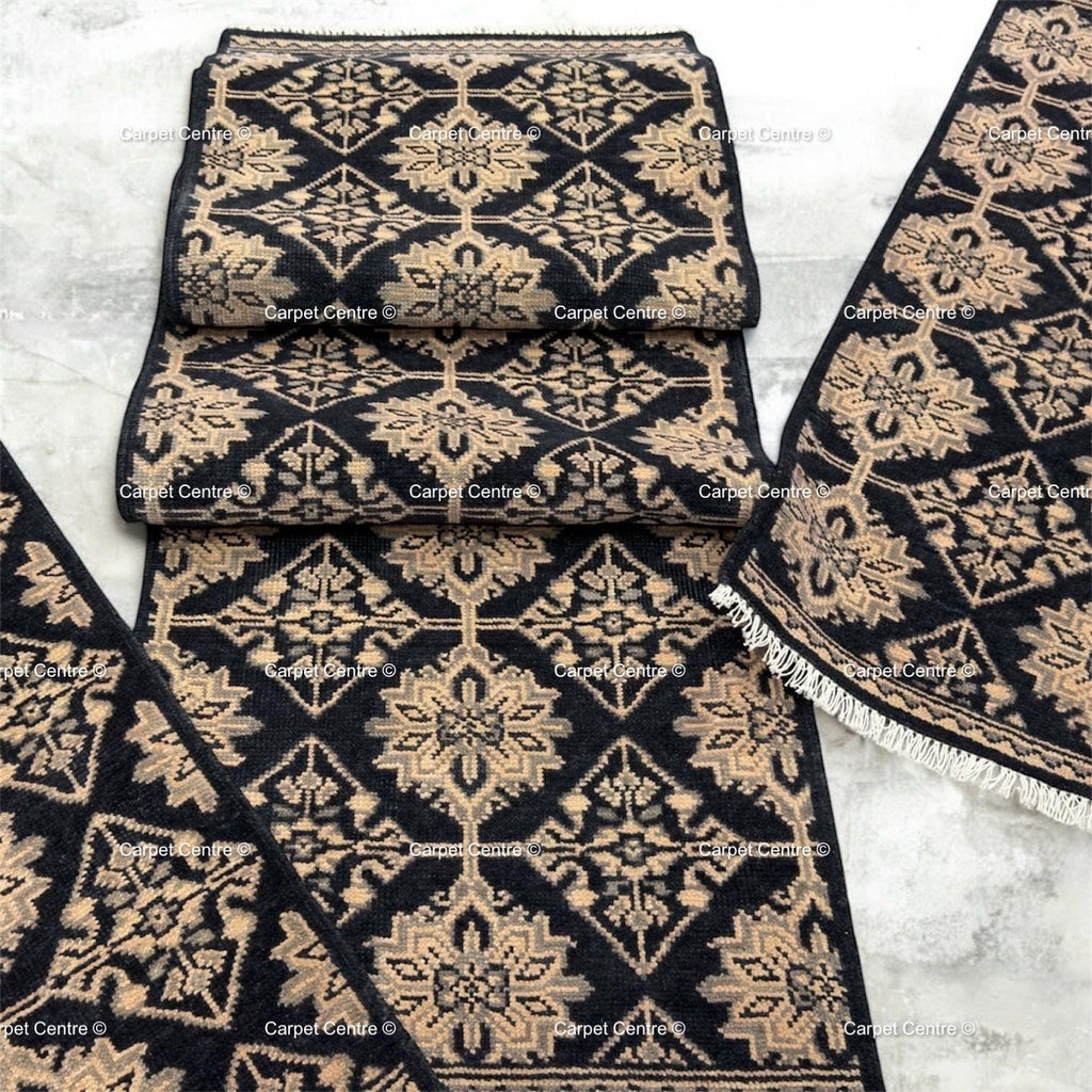 Hand-Knotted Oushak Wool Runner Rug, Black Geometric Design Hallway Entryway Carpet