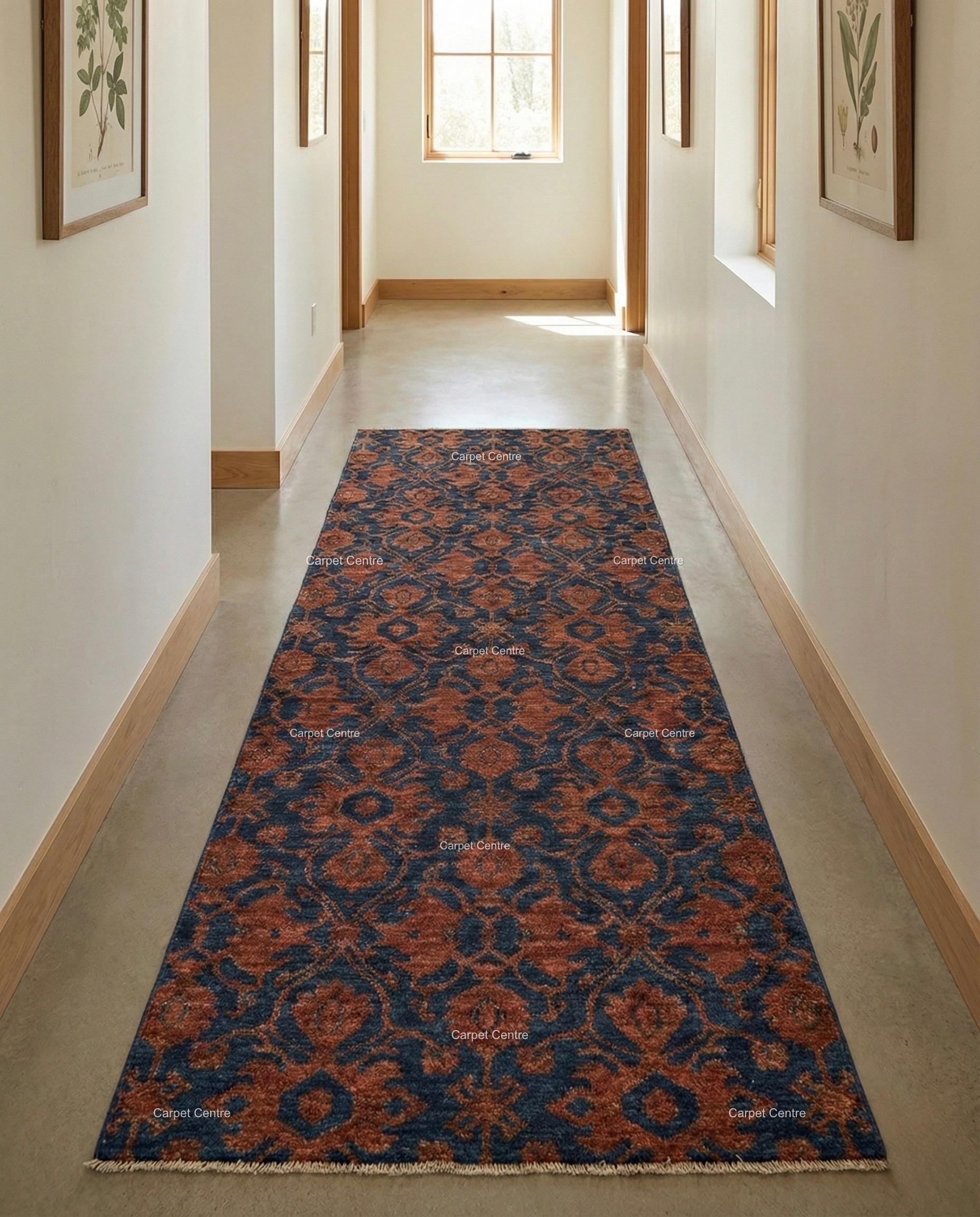 Hand Knotted Wool Rug, Navy Blue Oushak Runner, William Morris Style