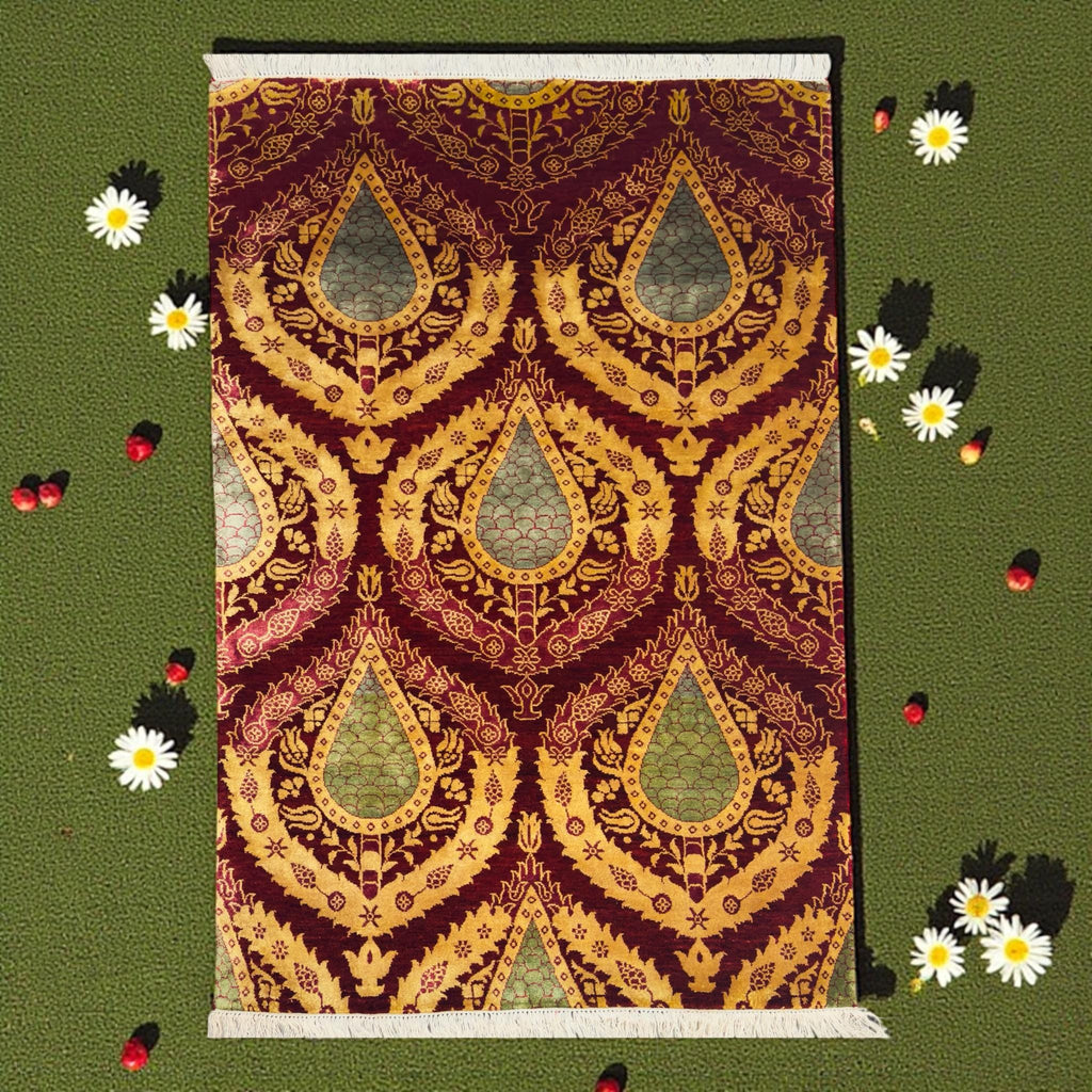 Handwoven Wool Rug – Maroon & Gold Paisley Teardrop Design, Indian Style