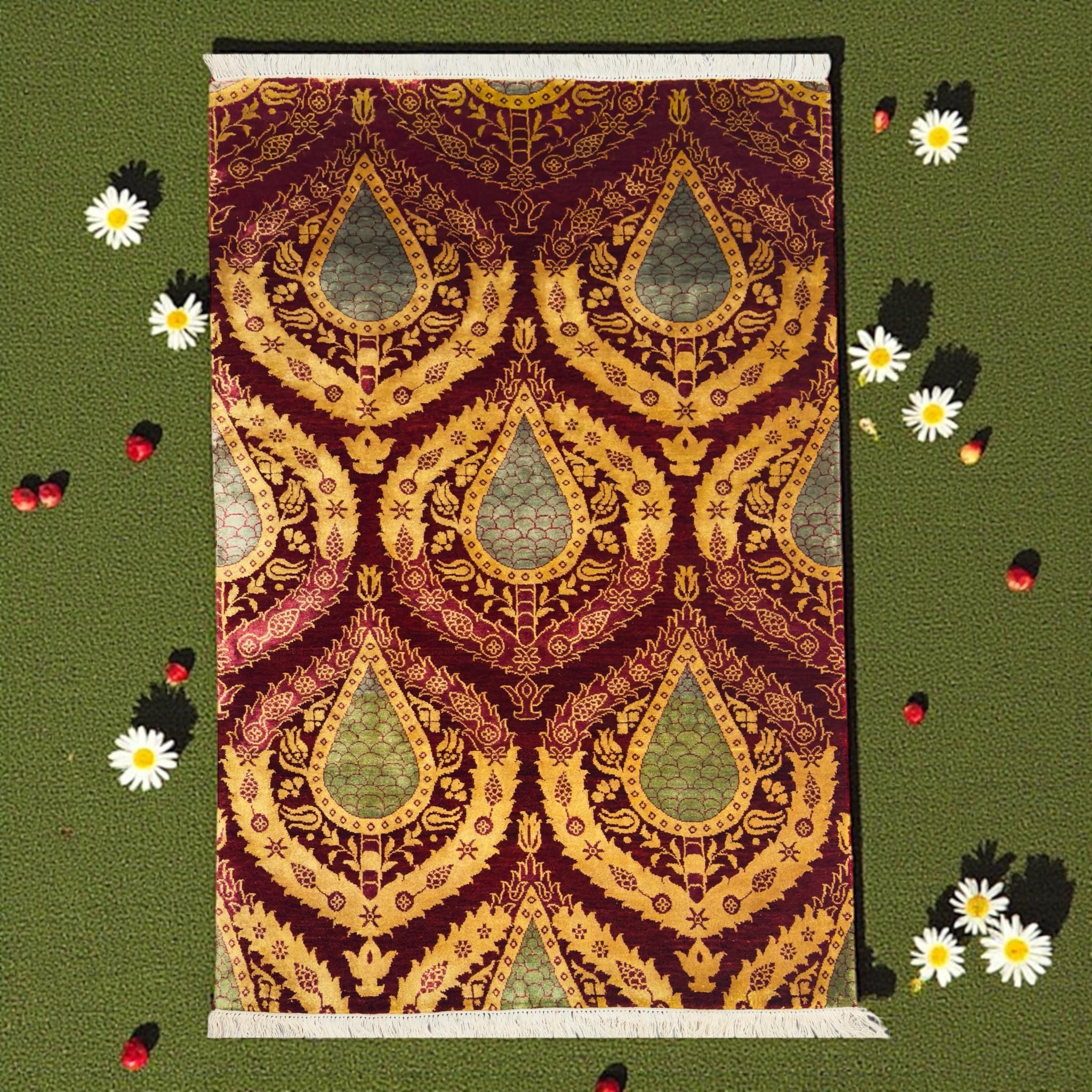 Handwoven Wool Rug – Maroon & Gold Paisley Teardrop Design, Indian Style