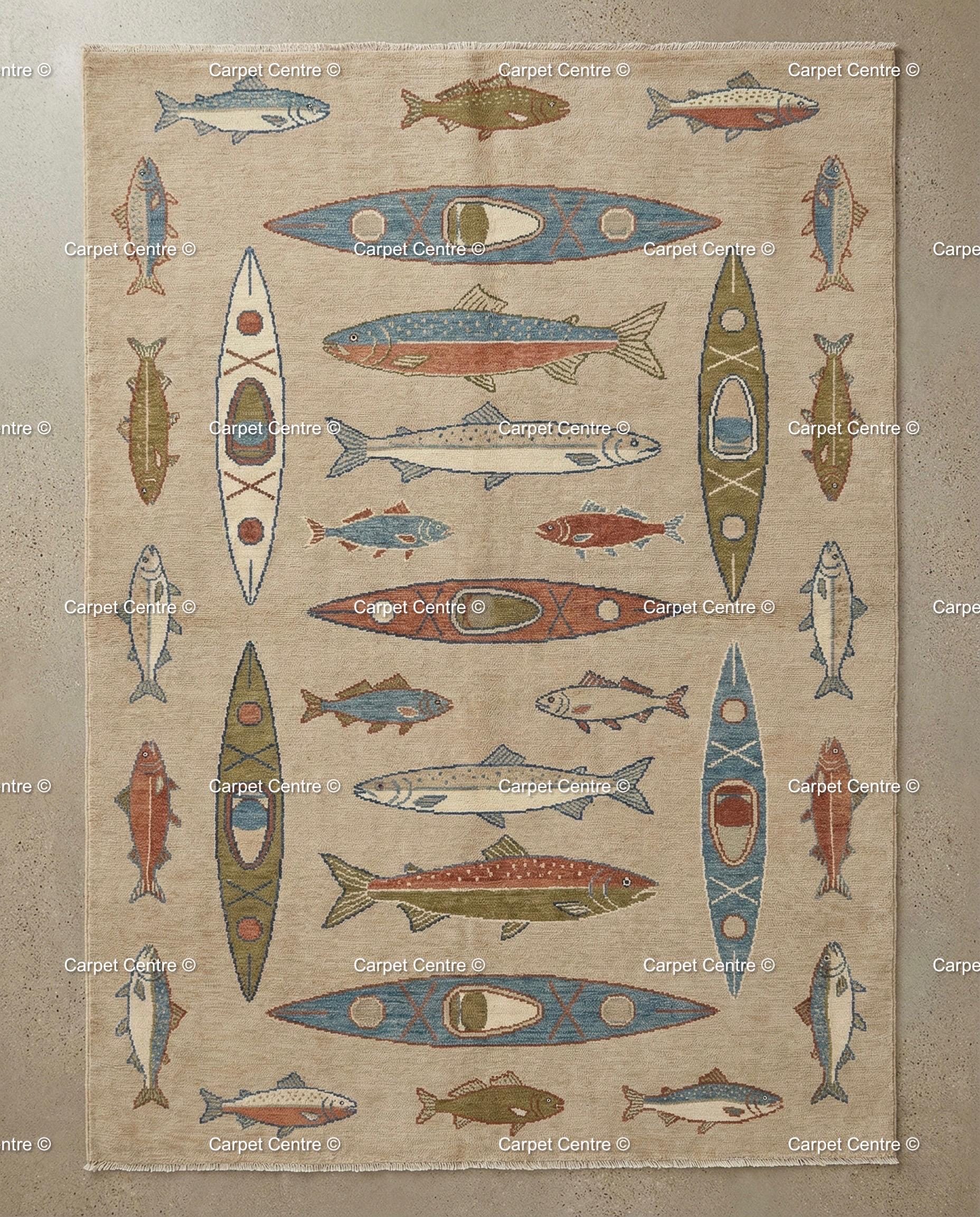 Hand-Knotted Turkish Wool Oushak Rug, Canoe & Fish Design
